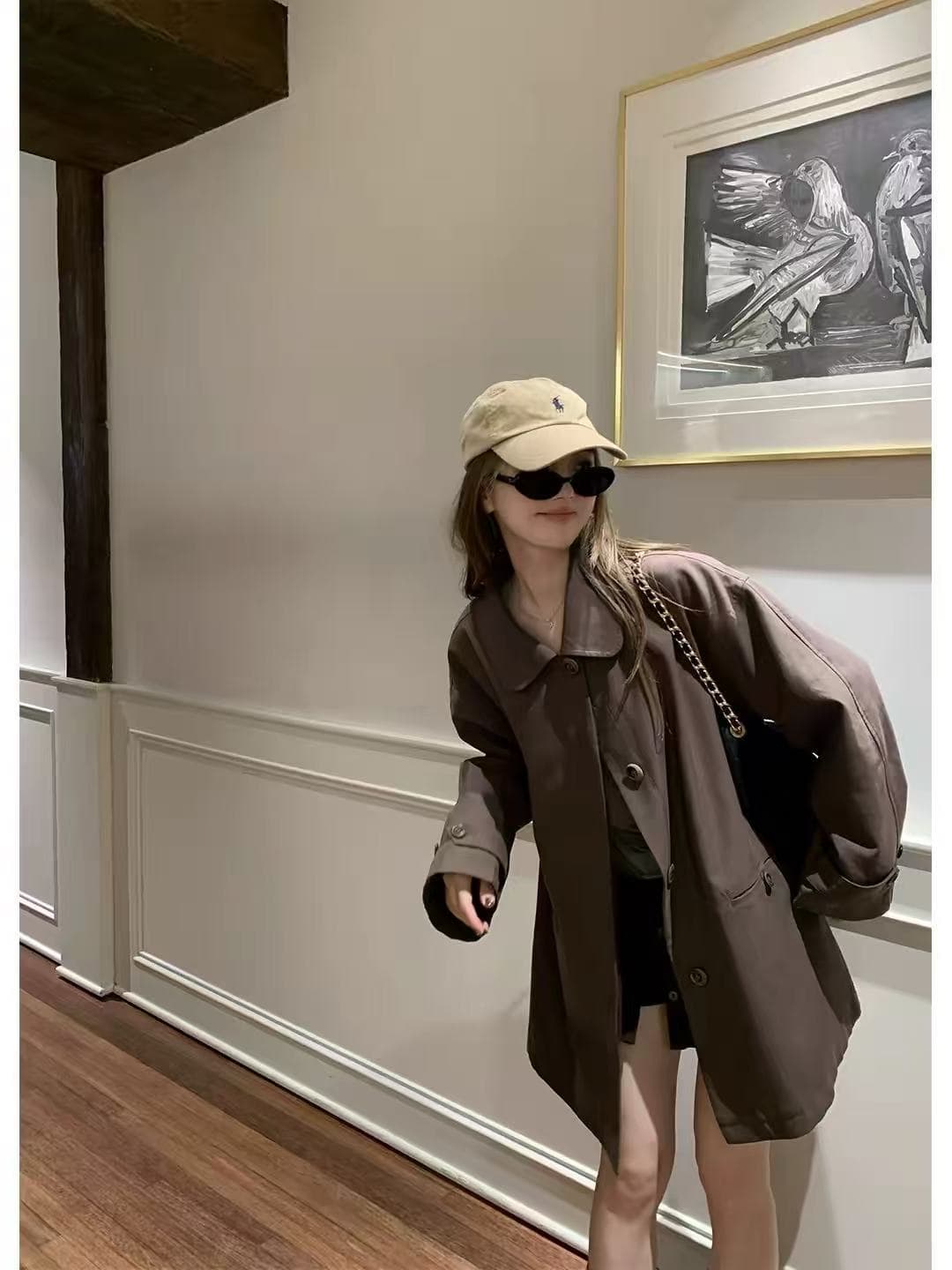 노팅힐 길모퉁이 질감 전체 한 부서 폴로 칼라 중간 길이 바람막이 여성 가을 싱글 줄 버튼 재킷 이미지 2