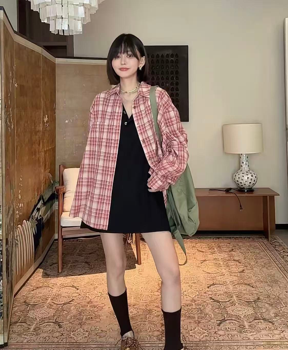느슨함 센스 한 부서 루즈핏 캐주얼 느긋한 체크무늬 긴팔 여성 셔츠 이미지 4