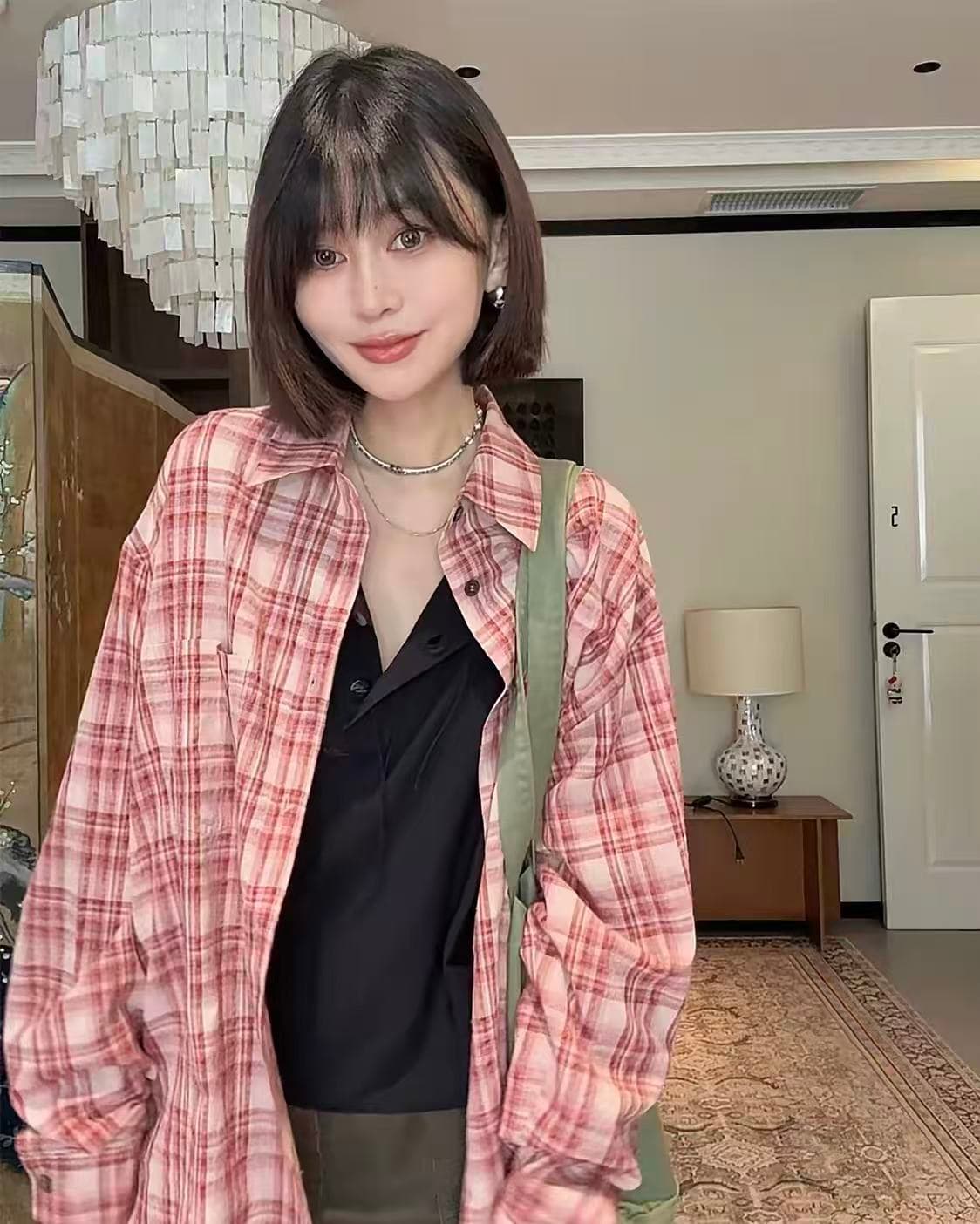 느슨함 센스 한 부서 루즈핏 캐주얼 느긋한 체크무늬 긴팔 여성 셔츠 상세 이미지 3