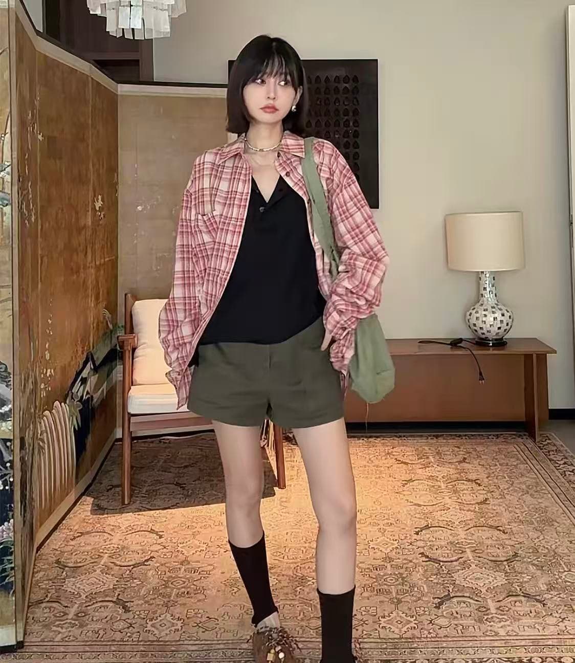 느슨함 센스 한 부서 루즈핏 캐주얼 느긋한 체크무늬 긴팔 여성 셔츠 상세 이미지 5