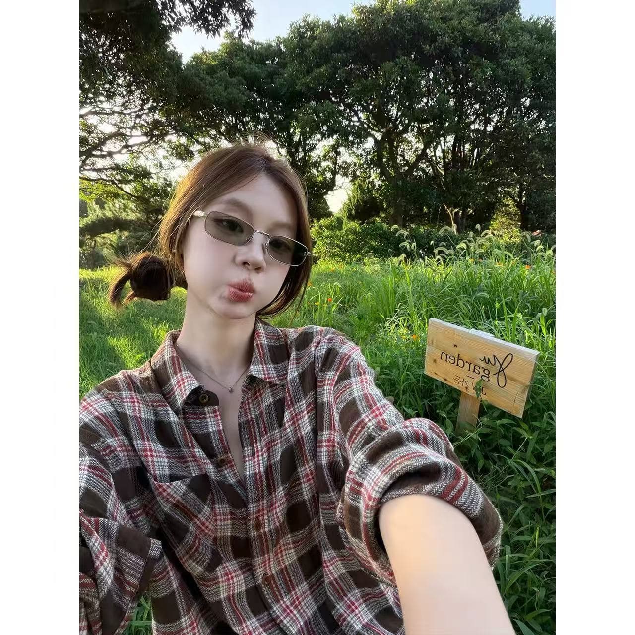 레트로 폴로 칼라 루즈핏 체크무늬 여성 셔츠 슬림해 보이는 여성 가을 다용도 긴팔 맨위 이미지 3