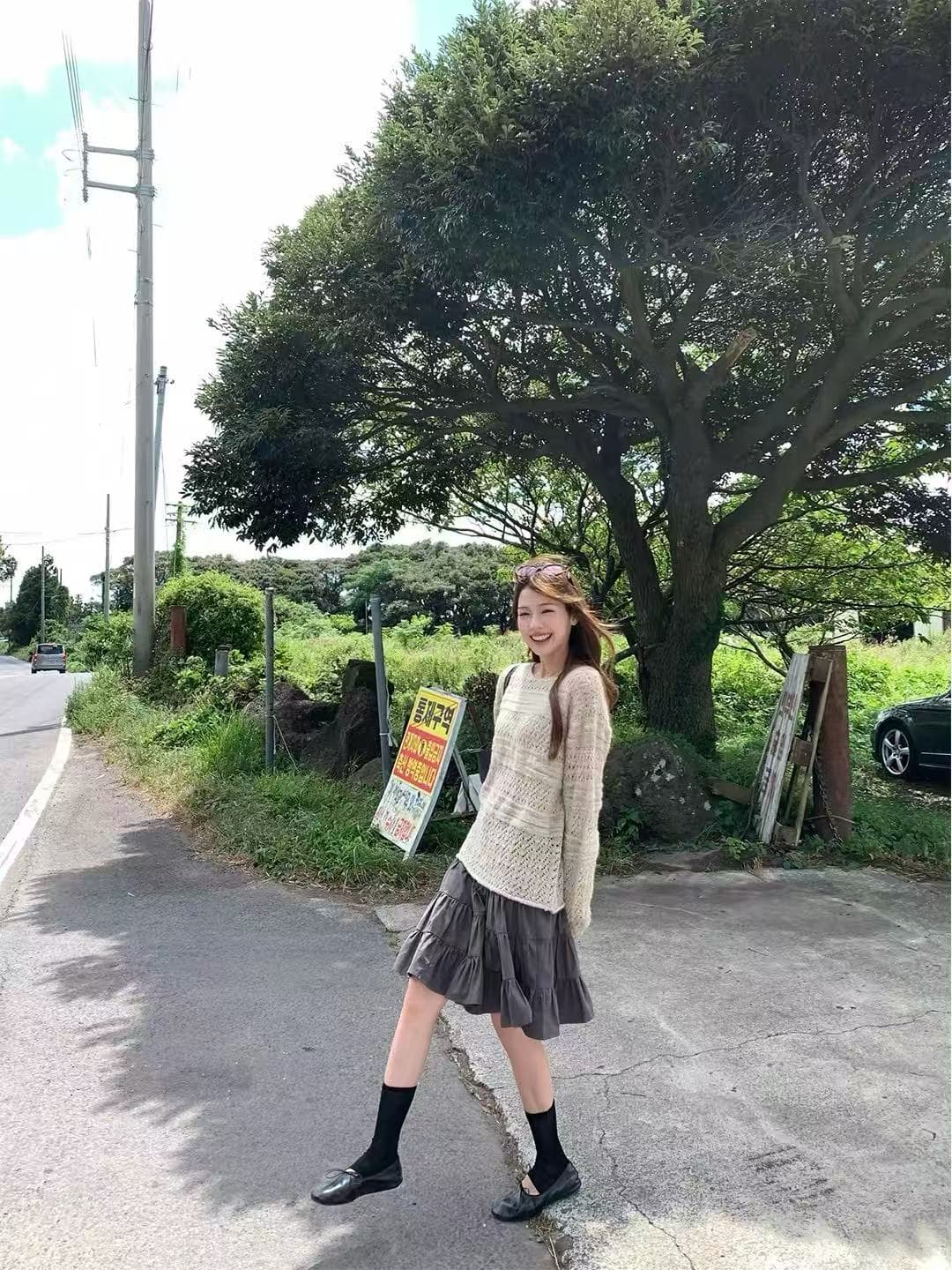 부드러운 바람 홀로우 아웃 자수 니트 블라우스 루즈핏 라운드 넥 느긋한 스웨터 이미지 2