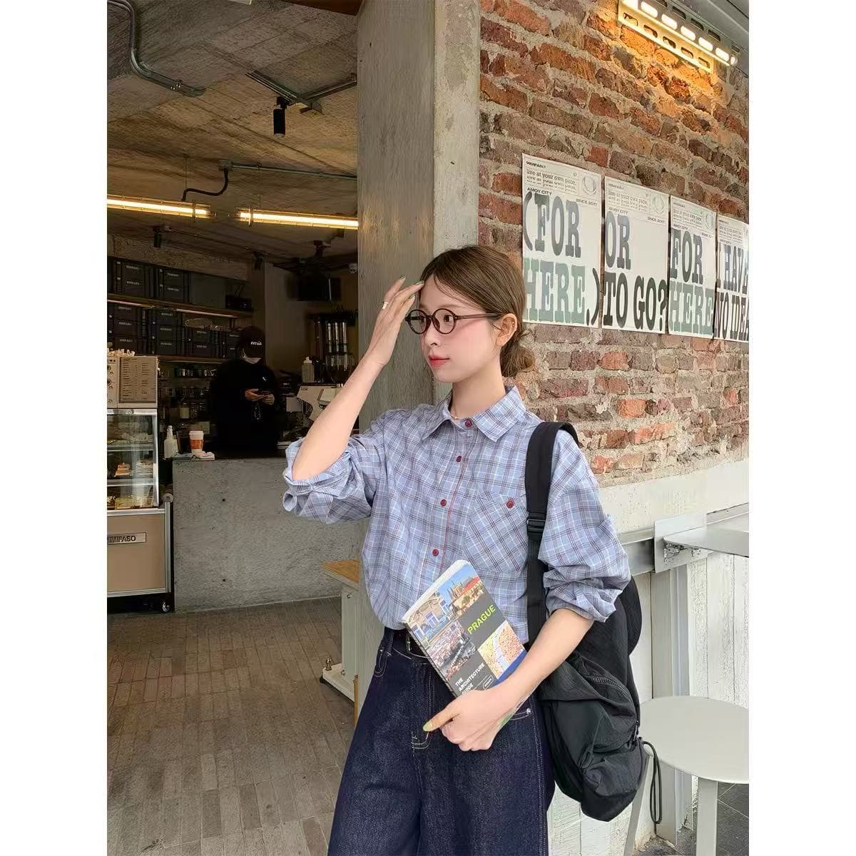 레트로 가을 어깨 루즈핏 체크무늬 셔츠 봄 가을 여성 다용도 셔츠 루즈핏 캐주얼 체크무늬 문예 맨위 상세 이미지 5