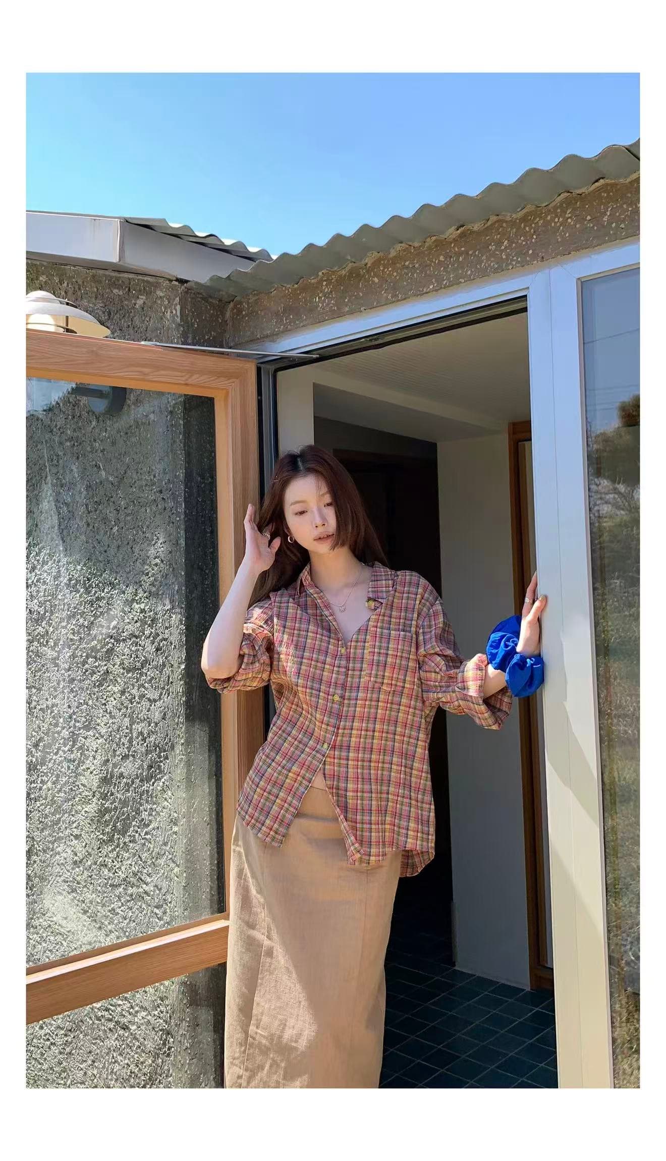 한국 스타일 색상 주름 체크무늬 여성 셔츠 레트로 루즈핏 싱글 줄 버튼 폴로 칼라 긴팔 재킷