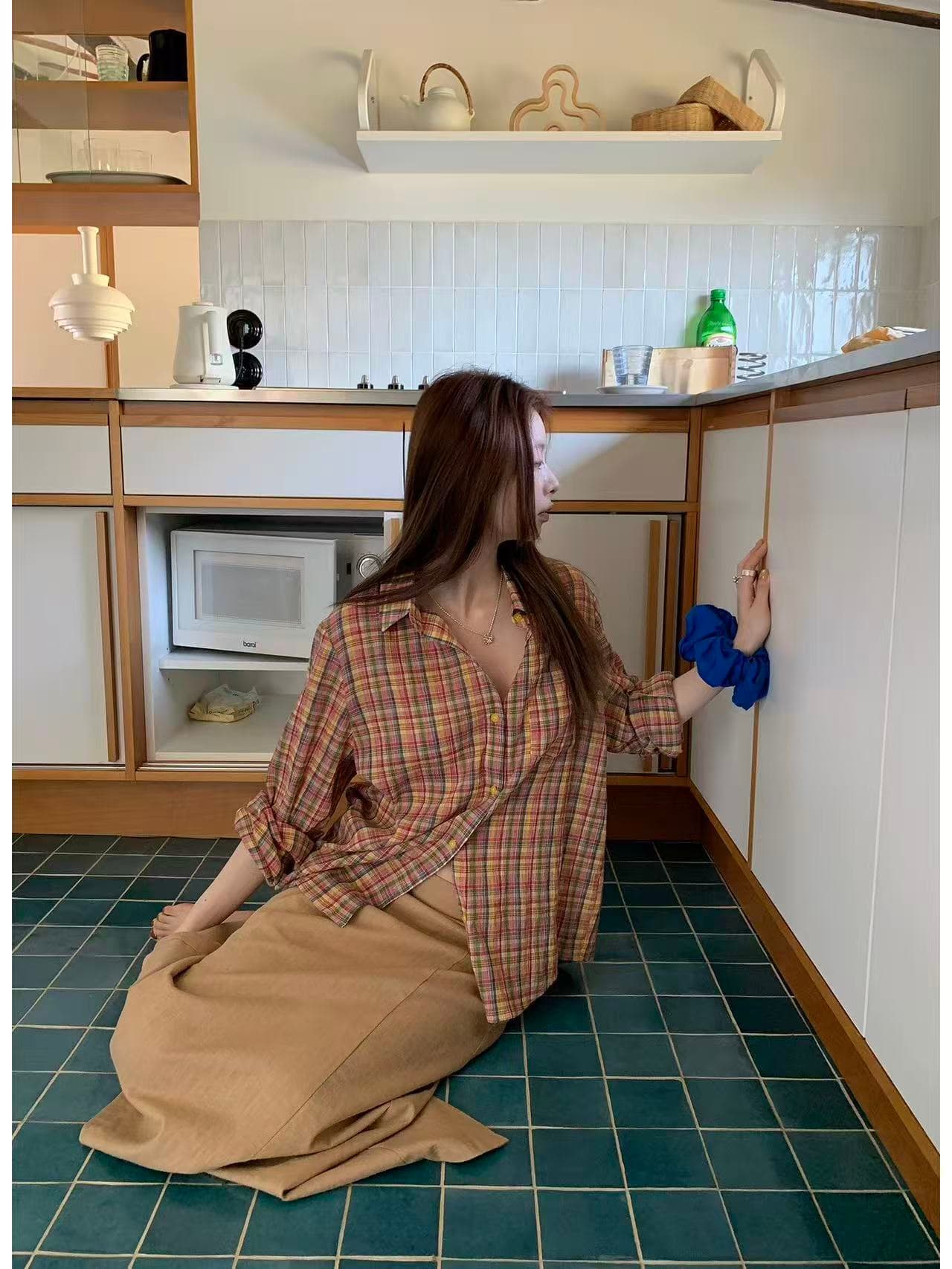 한국 스타일 색상 주름 체크무늬 여성 셔츠 레트로 루즈핏 싱글 줄 버튼 폴로 칼라 긴팔 재킷 이미지 3