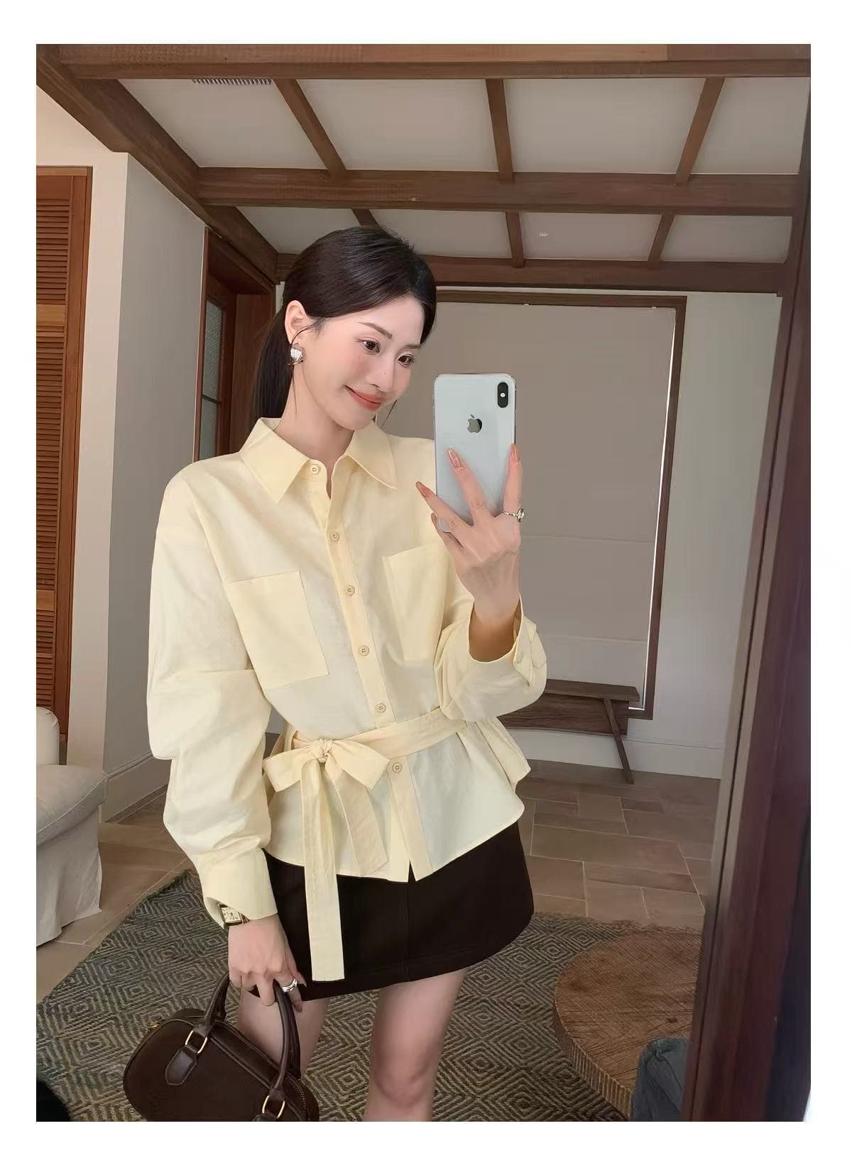 밝은 노란색 색상 레이스 업 셔츠 여성 가을 셔츠 출퇴근 캐주얼 고급 센스 품격 외출용 맨위 이미지 4