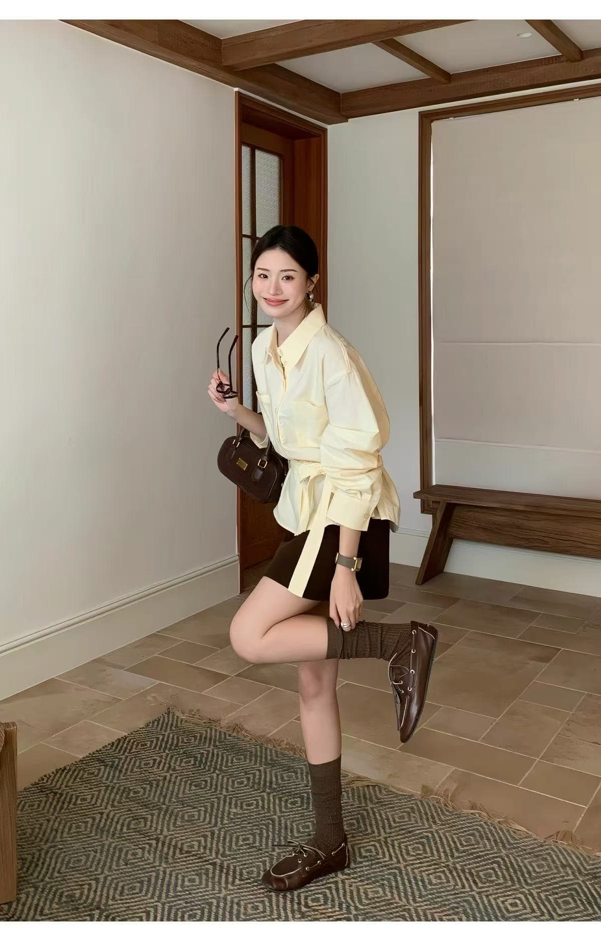 밝은 노란색 색상 레이스 업 셔츠 여성 가을 셔츠 출퇴근 캐주얼 고급 센스 품격 외출용 맨위 상세 이미지 3