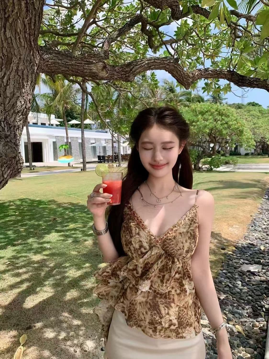 있음 선적 y2k 골드 밀가루 슬립 레트로 골드 커피 장미 레오파드 무늬 프린트 프릴 리본 스팽글 조끼 이미지 4