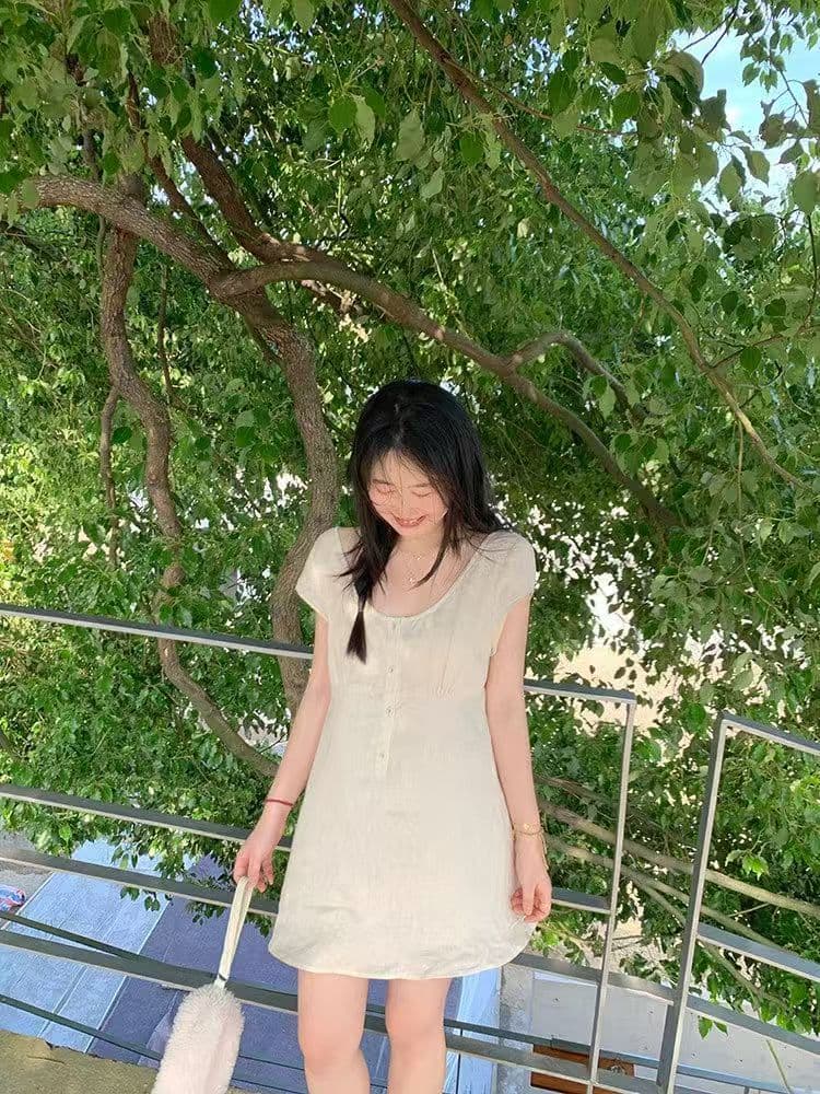 있음 선적 작은 키 화이트 치자 나무 미니 스커트 순수한 욕망 바람 쇼트 스타일 치마 루즈핏 캐주얼 티셔츠 드레스 여름 새로운 상세 이미지 3