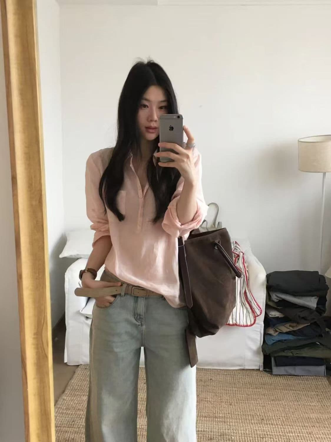 있음 선적 품격 느슨함 V넥 여성 셔츠 여름 얇고 가벼운 통기성 다용도 맨위 루즈핏 품격 핑크색 셔츠 상세 이미지 2