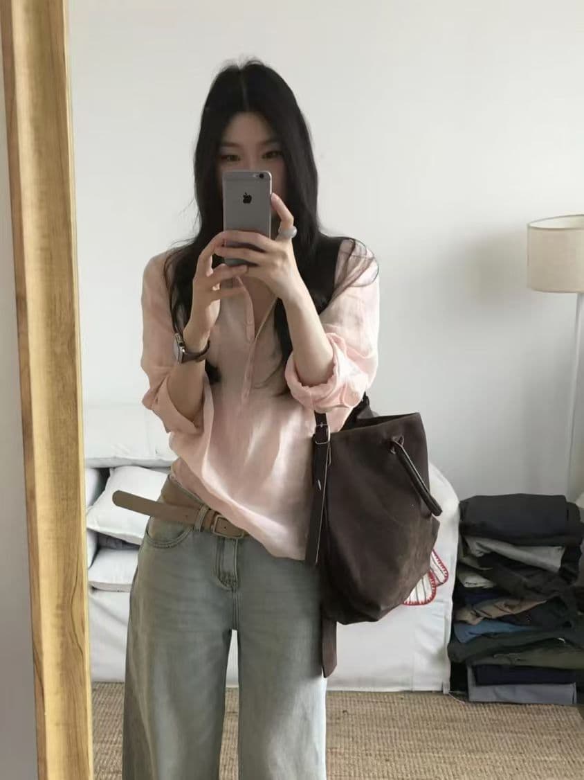 있음 선적 품격 느슨함 V넥 여성 셔츠 여름 얇고 가벼운 통기성 다용도 맨위 루즈핏 품격 핑크색 셔츠 상세 이미지 5