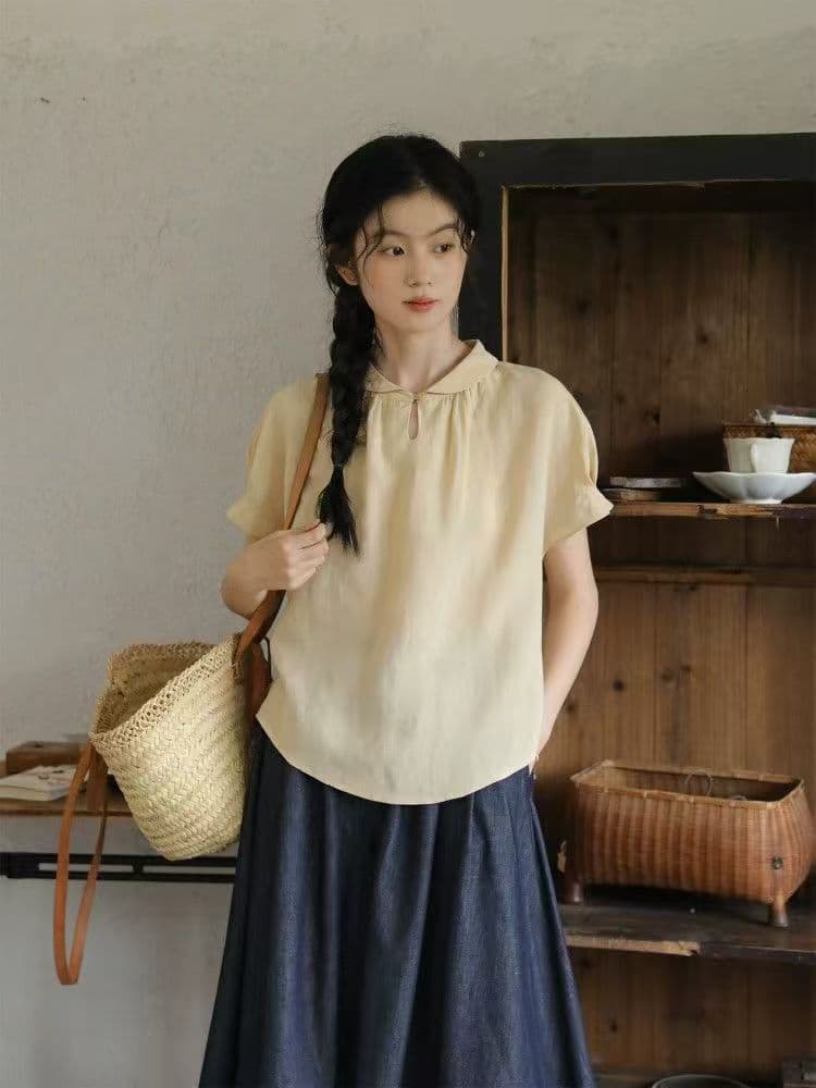 있음 선적 밀 귀 오래된 지앤 물방울 칼라 심지어 어깨 소매 3 차원 펌프 Pleat 공예 셔츠 여름 루즈핏 맨위 작은 청신 이미지 2