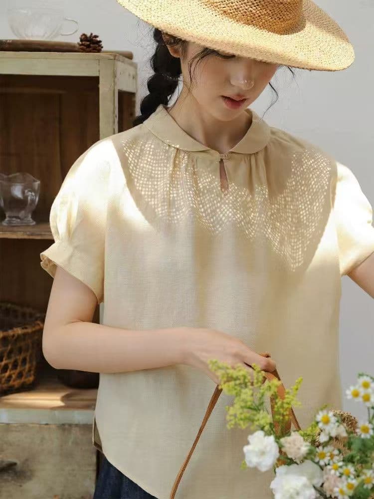 있음 선적 밀 귀 오래된 지앤 물방울 칼라 심지어 어깨 소매 3 차원 펌프 Pleat 공예 셔츠 여름 루즈핏 맨위 작은 청신 상세 이미지 5
