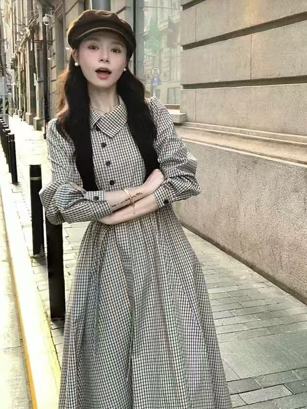 있음 선적 런던 길모퉁이 레트로 체크무늬 긴팔 드레스 폴로 칼라 허리 수축 치마 이른 가을 슬림해 보이는 치마 롱 코트
