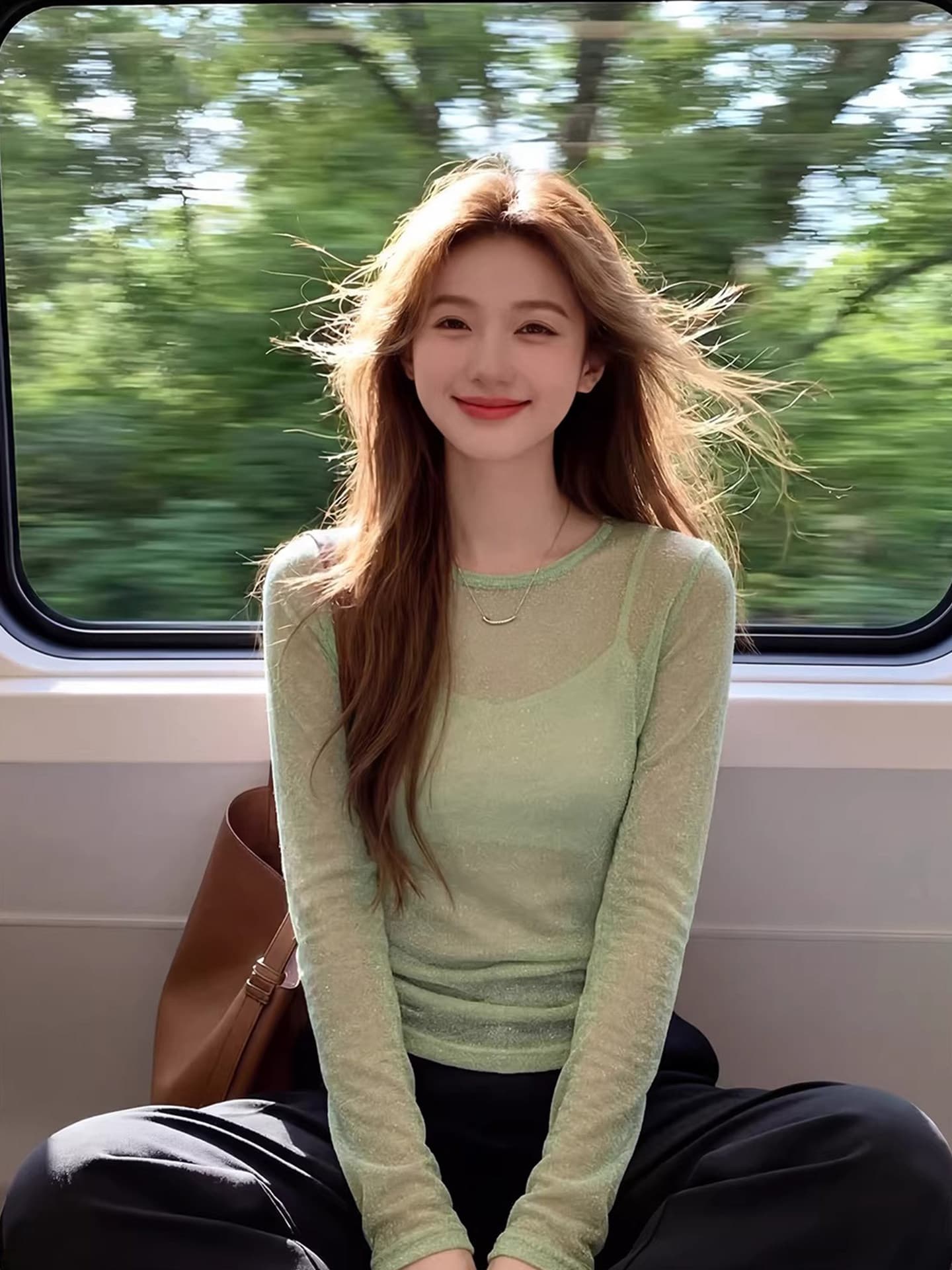봄 여름 얇은 스타일 녹색 긴팔 티셔츠 자외선 차단 블라우스 여성 스택 착용 수 있습니다. 외출용 다용도 아름다운 맨위 자이언트 잘 생긴 이미지 2