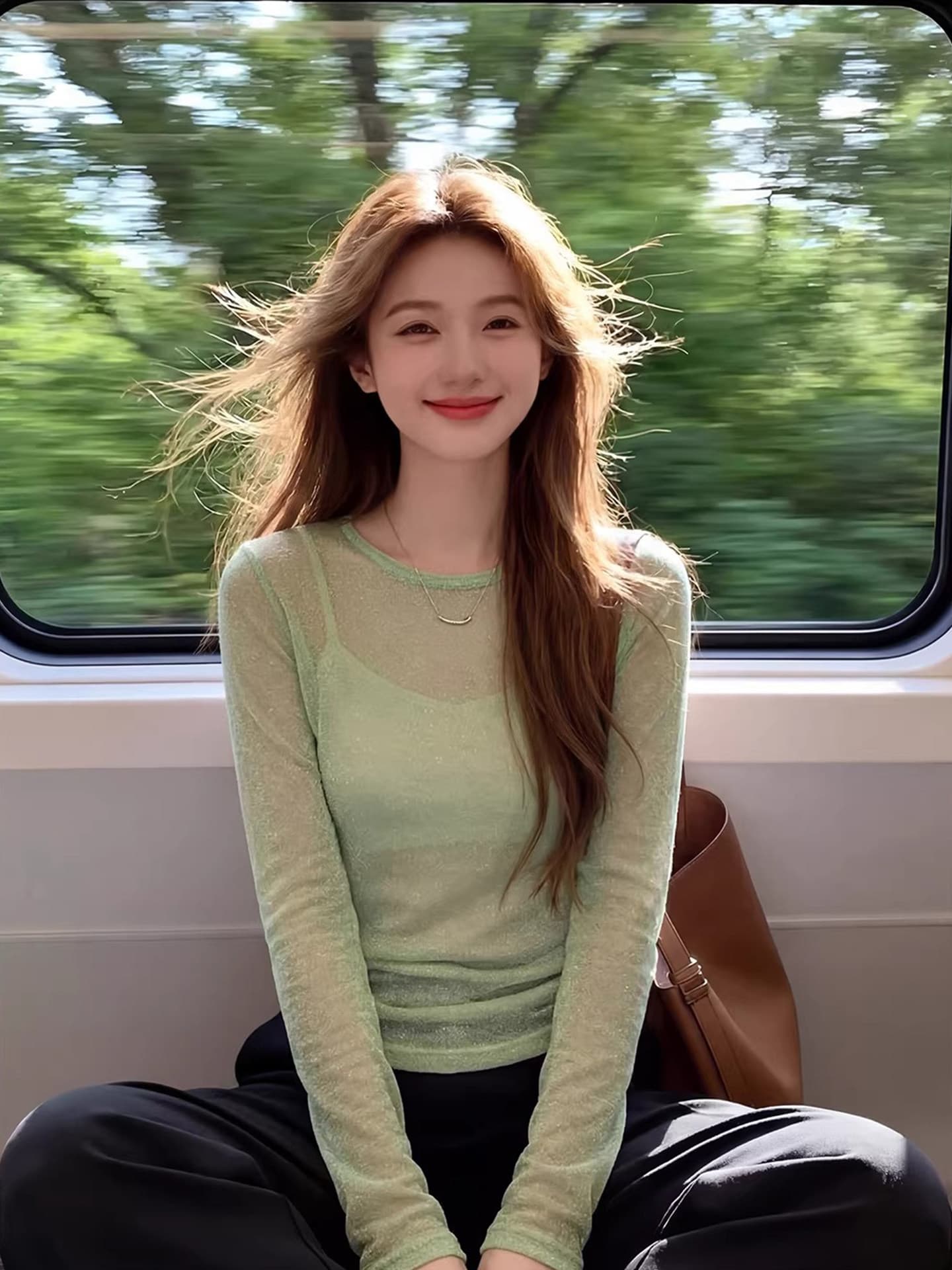 봄 여름 얇은 스타일 녹색 긴팔 티셔츠 자외선 차단 블라우스 여성 스택 착용 수 있습니다. 외출용 다용도 아름다운 맨위 자이언트 잘 생긴 이미지 4