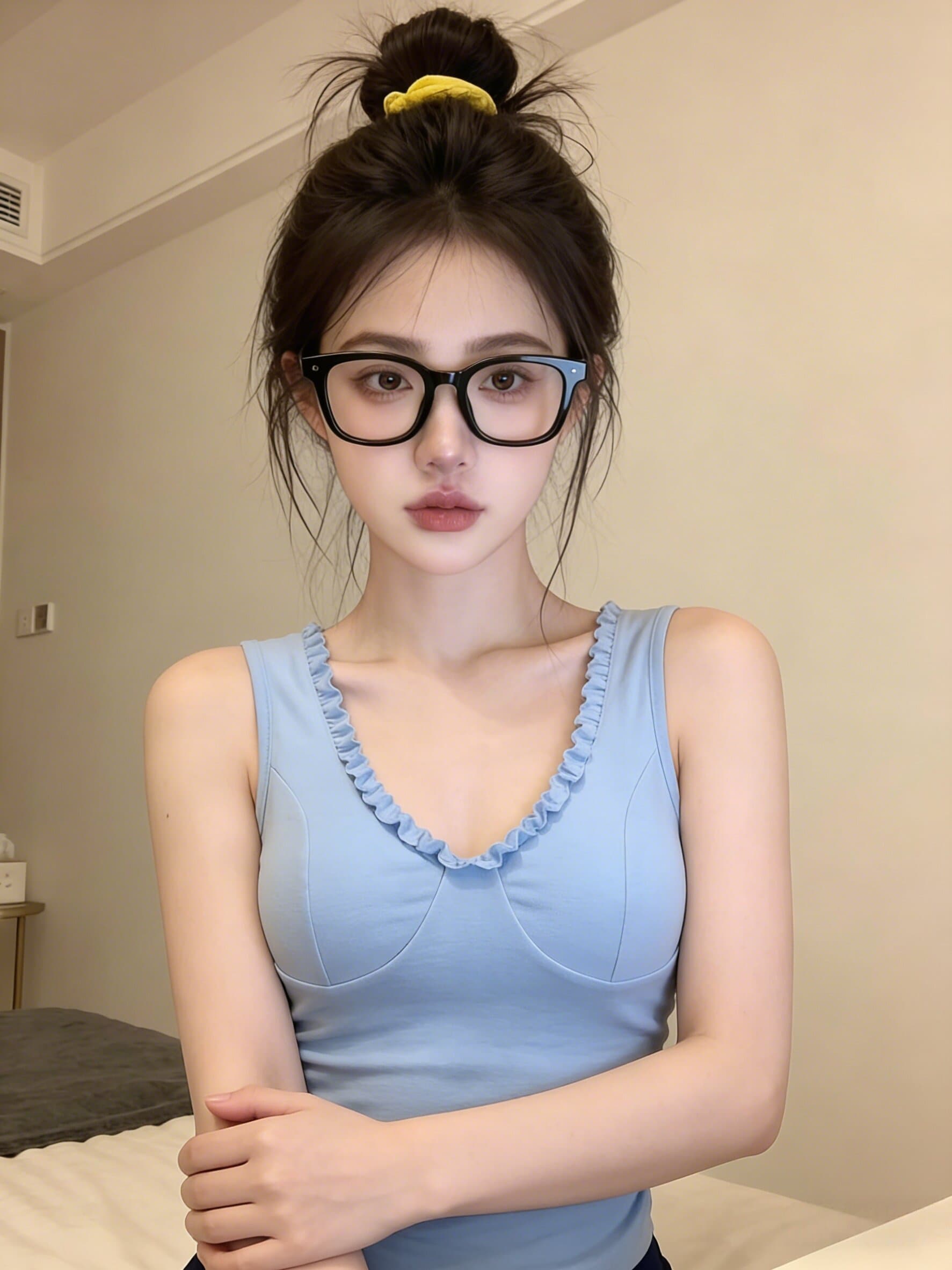 파란색 패치워크 프릴 V넥 몸매 가꾸기 캐미솔 2026 여름 한 부서 달콤한 매운맛 섬 아름다운 맨위 상세 이미지 3