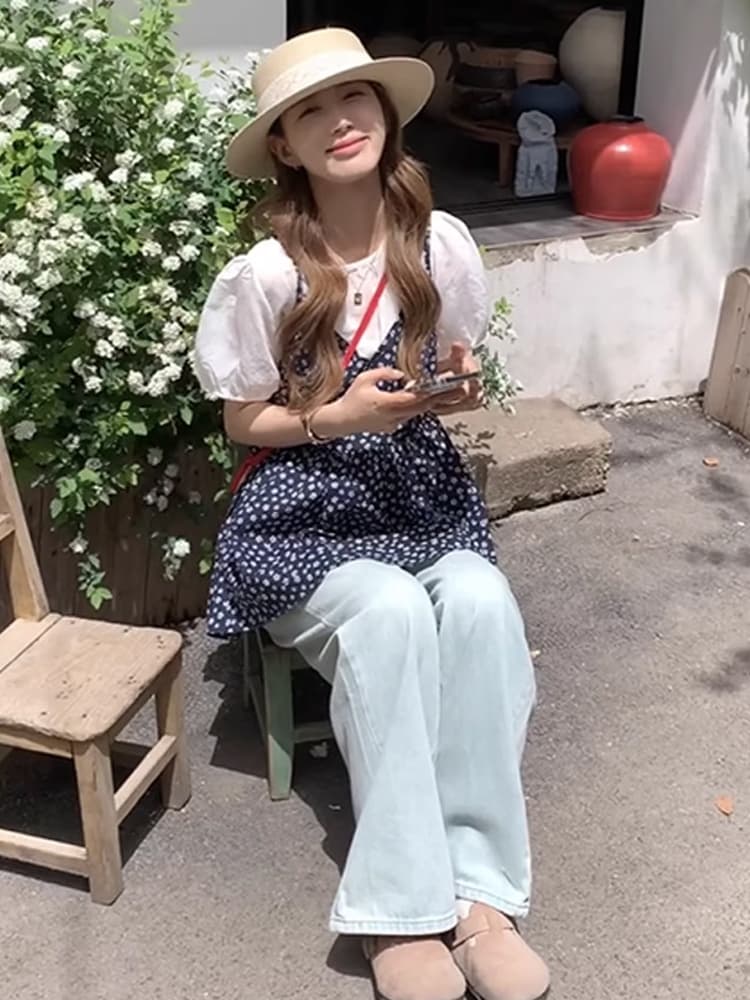 레트로 꽃무늬 슬립 스택 착용 반팔 셔츠 두 조각 여성 세트 여름 착용 가져 가라. 외국 가스 연령 감소 아름다운 세트 이미지 2
