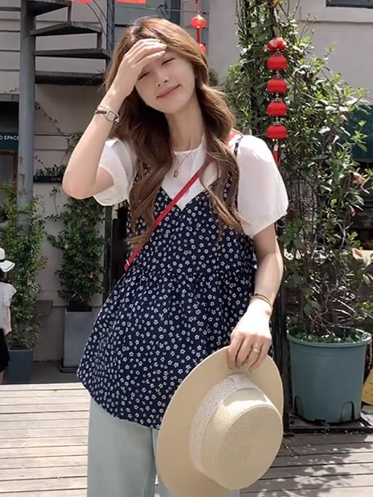 레트로 꽃무늬 슬립 스택 착용 반팔 셔츠 두 조각 여성 세트 여름 착용 가져 가라. 외국 가스 연령 감소 아름다운 세트 상세 이미지 2