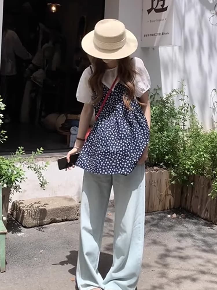 레트로 꽃무늬 슬립 스택 착용 반팔 셔츠 두 조각 여성 세트 여름 착용 가져 가라. 외국 가스 연령 감소 아름다운 세트 상세 이미지 3