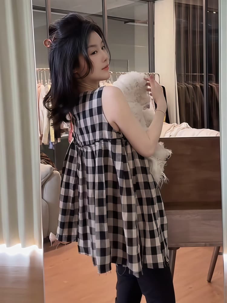 한 부서 체크무늬 민소매 조끼 얇은 스타일 여성 셔츠 2025 새로운 여름 루즈핏 캐주얼 면 린넨 맨위 트렌디 상세 이미지 4