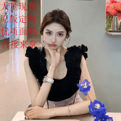 검정색 프릴 반팔 티셔츠 여성 2025 여름 새로운 품격 몸매 가꾸기 라운드 넥 조끼 작은 날다 소매 맨위 상세 이미지 1