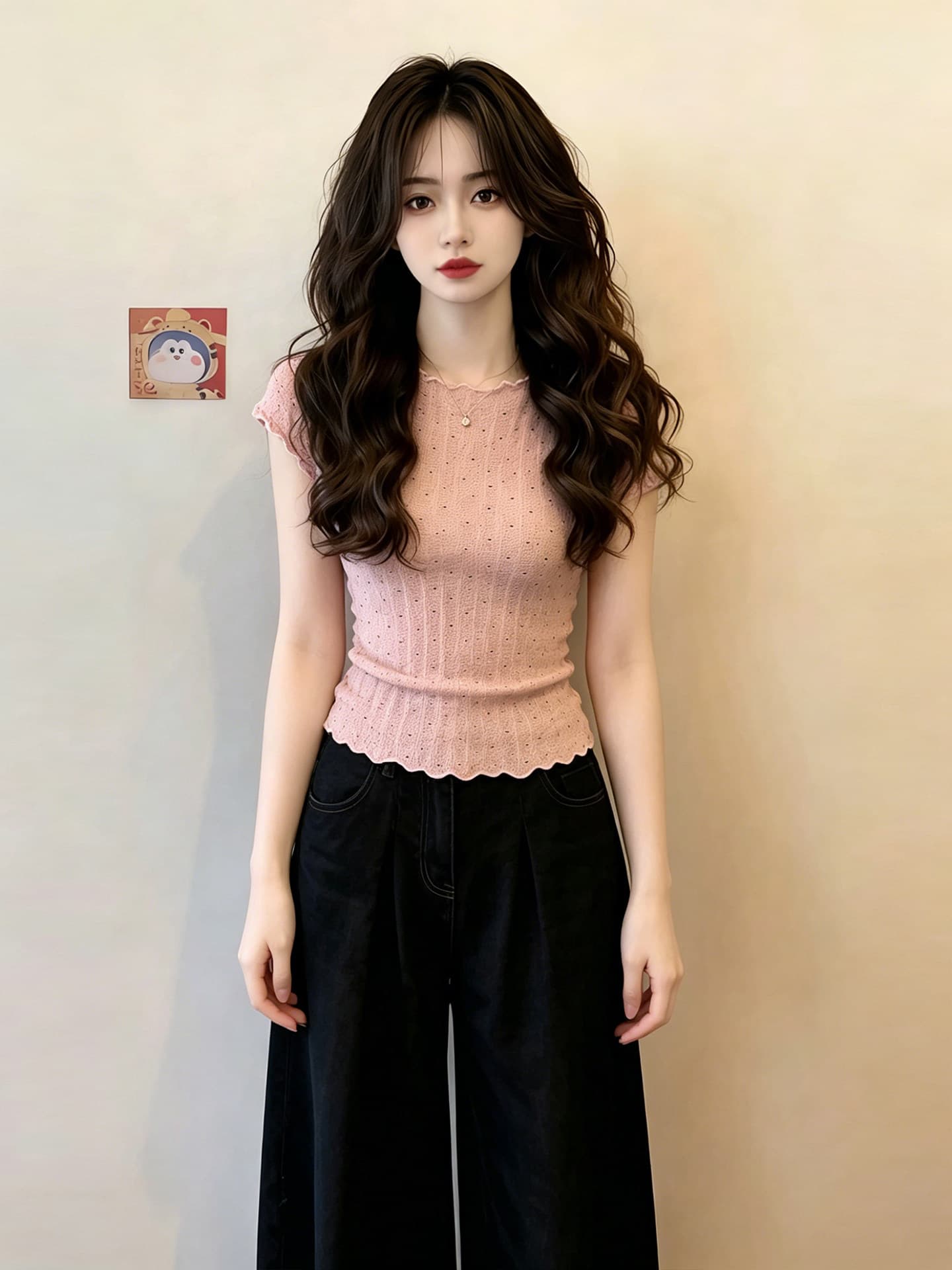 부드러운 바람 핑크색 프릴 몸매 가꾸기 반팔 티셔츠 여성 2026 새로운 여름 도파민 맨위 한 부서 착용 가져 가라. 상세 이미지 5