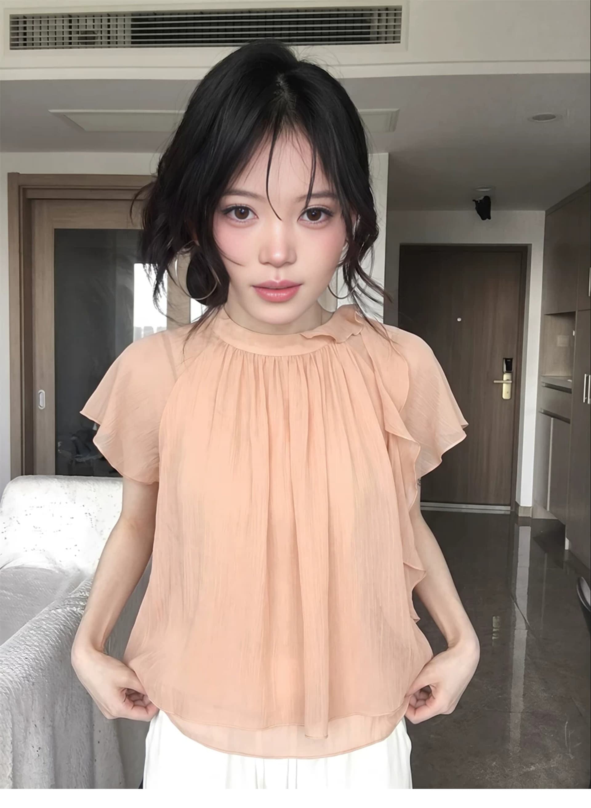 프랑스식 프릴 이중층 리본 디자인 패션 연령 감소 반팔 여성 셔츠 여름 새로운 프로 피부 통기성 맨위 이미지 2