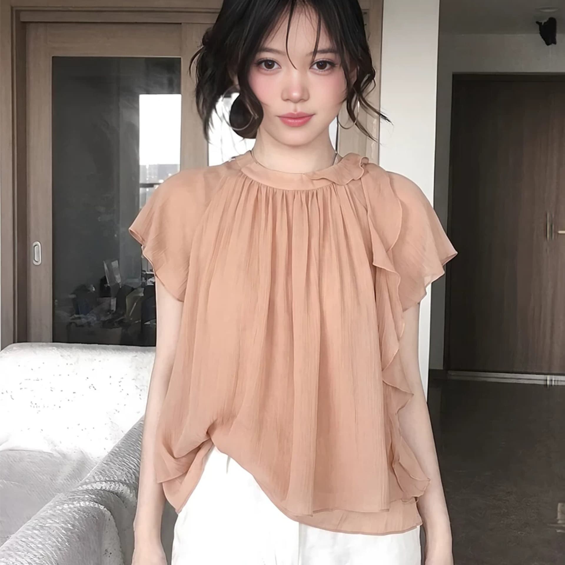 프랑스식 프릴 이중층 리본 디자인 패션 연령 감소 반팔 여성 셔츠 여름 새로운 프로 피부 통기성 맨위 이미지 5