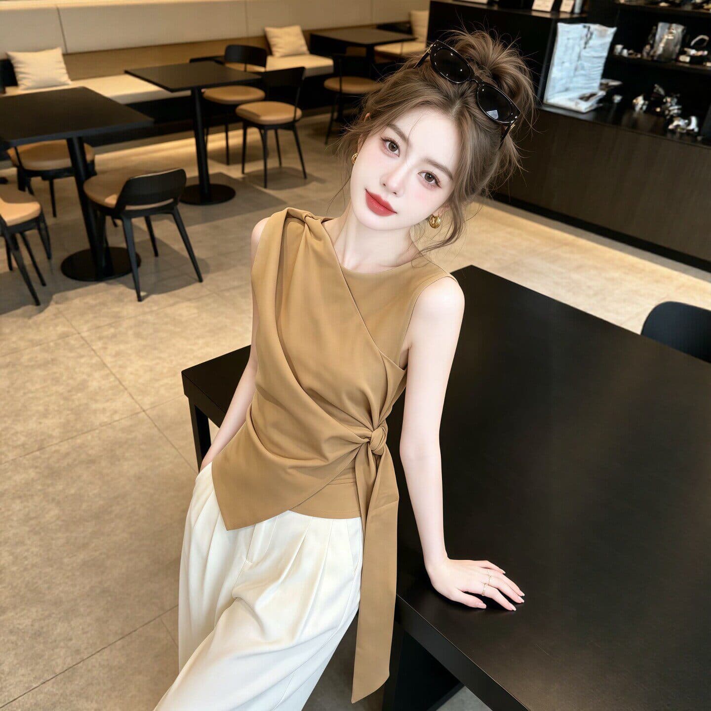 프랑스식 빛 럭셔리 바람 품격 민소매 여성 셔츠 2026 여름 새로운 고급 센스 레이스업 허리 수축 불규칙 맨위 상세 이미지 2