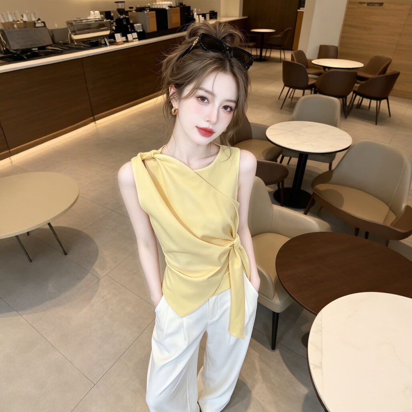 프랑스식 빛 럭셔리 바람 품격 민소매 여성 셔츠 2026 여름 새로운 고급 센스 레이스업 허리 수축 불규칙 맨위 상세 이미지 5
