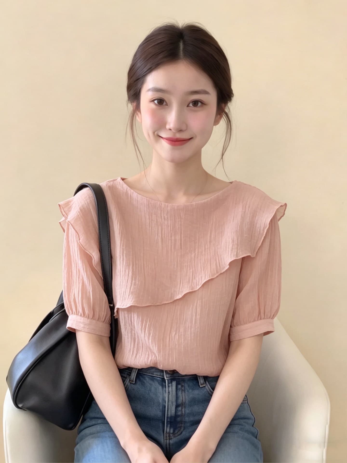프랑스식 품격 핑크색 프릴 반팔 여성 셔츠 2026 여름 새로운 디자인 센스 작은 대중 거품 소매 맨위 상세 이미지 1