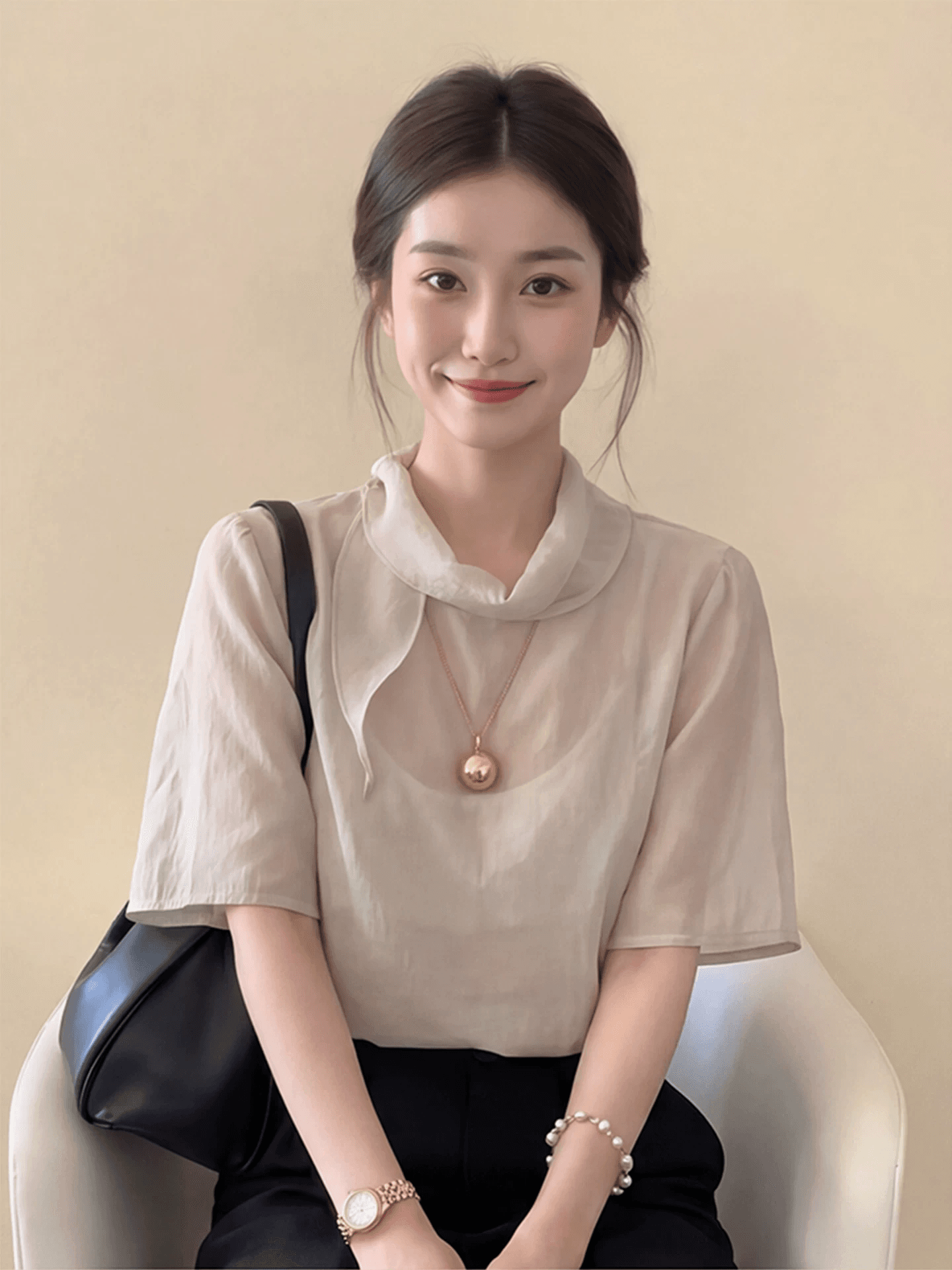 프랑스식 살구 색상 스탠드 칼라 리본 반팔 여성 셔츠 2026 여름 새로운 품격 고급 센스 출퇴근 쉬폰 톱 상세 이미지 3