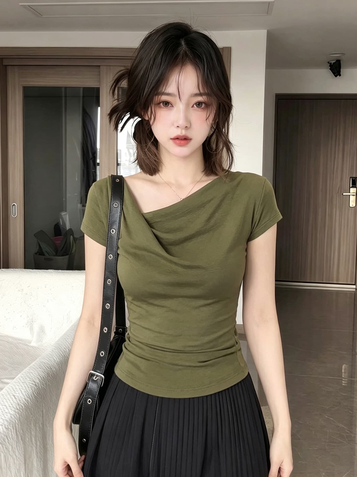 특별 아름다운 꼬집기 허리 위로 의류 빛 요리 한 프랑스식 작은 대중 흔들다 칼라 녹색 반팔 티셔츠 여성 여름 인사이드 가져 가라. 기본 셔츠 상세 이미지 1