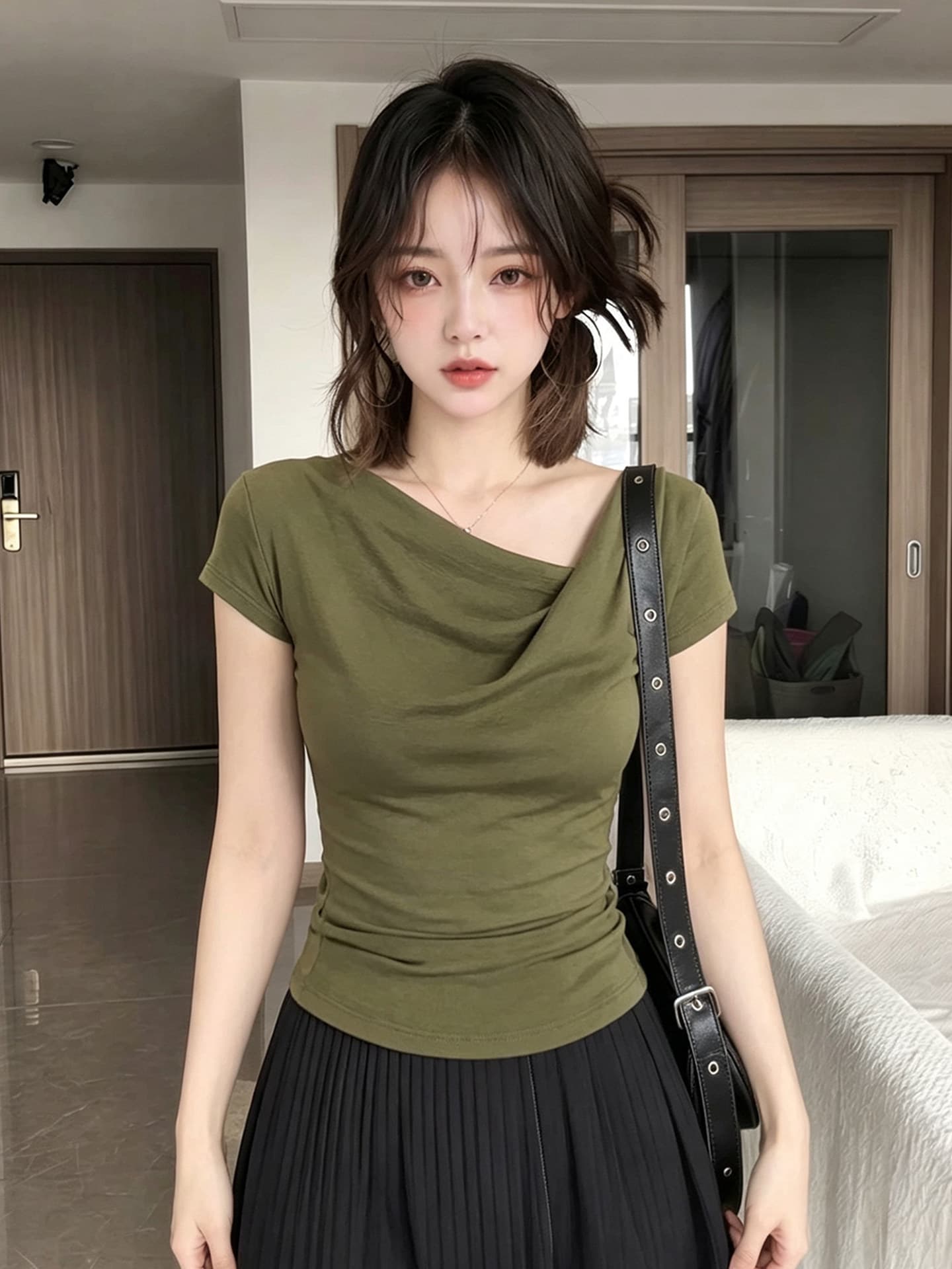 특별 아름다운 꼬집기 허리 위로 의류 빛 요리 한 프랑스식 작은 대중 흔들다 칼라 녹색 반팔 티셔츠 여성 여름 인사이드 가져 가라. 기본 셔츠 상세 이미지 2