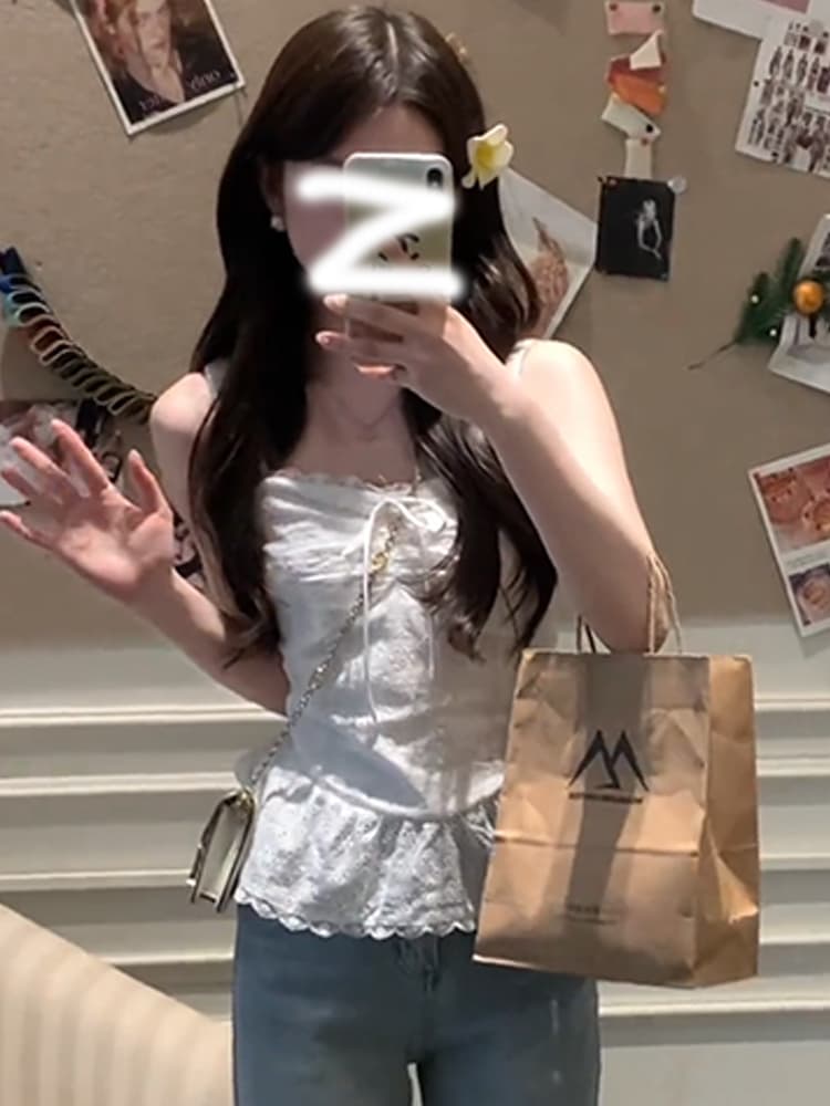 레이스 레이스 홀로우 아웃 화이트 캐미솔 여름 외출용 작은 키 고유 한 작은 셔츠 민소매 맨위 이미지 2