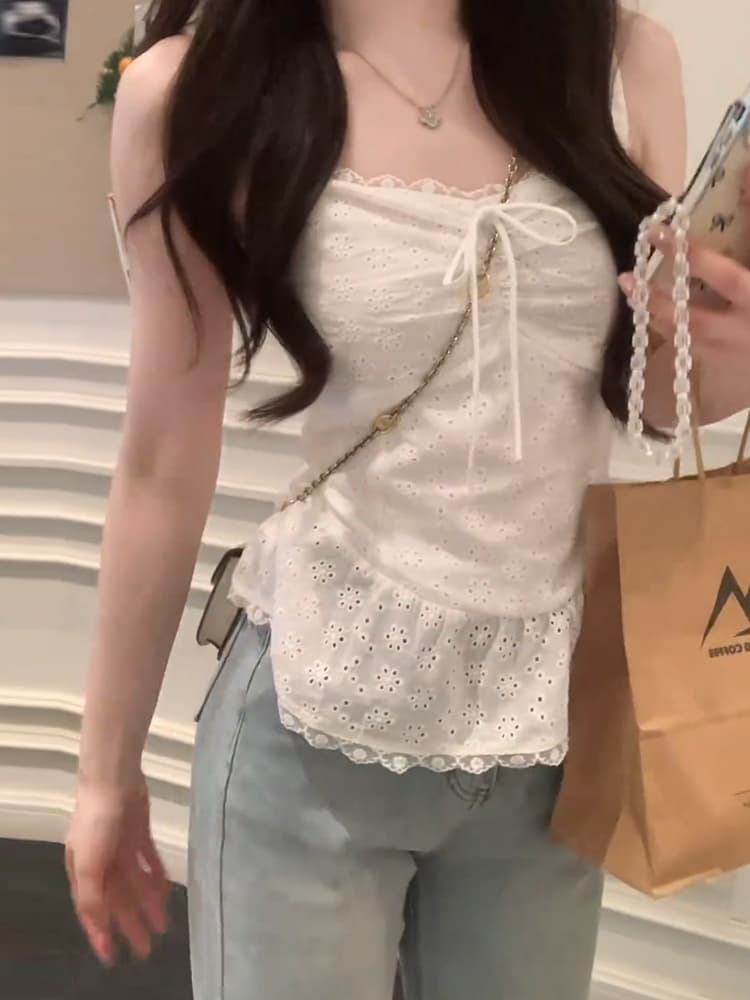 레이스 레이스 홀로우 아웃 화이트 캐미솔 여름 외출용 작은 키 고유 한 작은 셔츠 민소매 맨위 상세 이미지 1