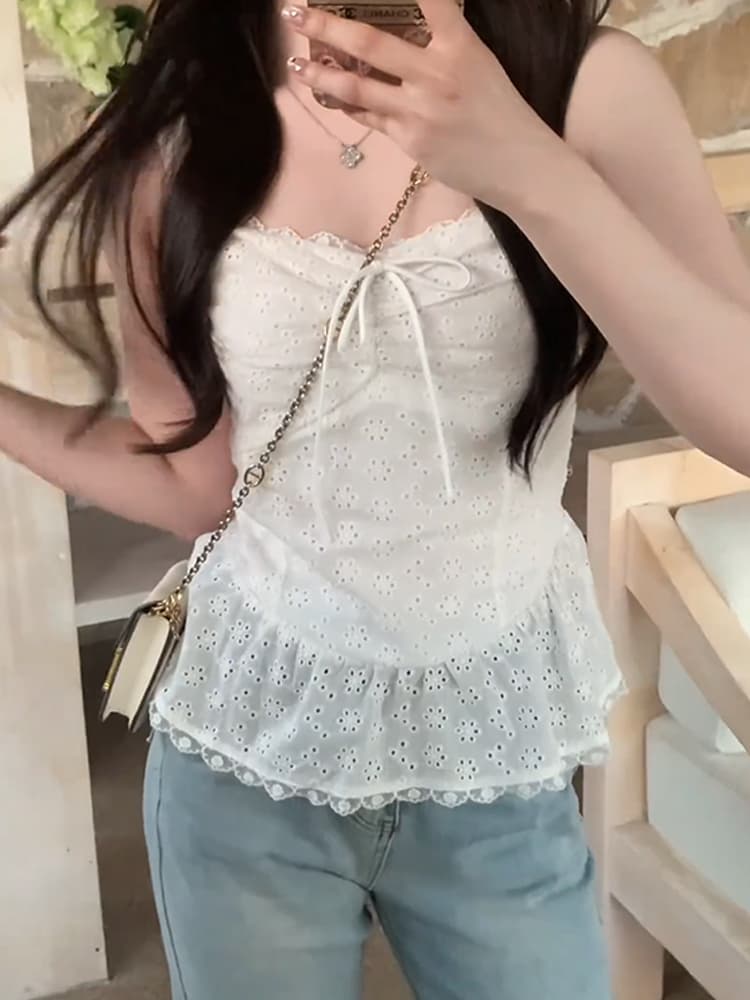 레이스 레이스 홀로우 아웃 화이트 캐미솔 여름 외출용 작은 키 고유 한 작은 셔츠 민소매 맨위 상세 이미지 4