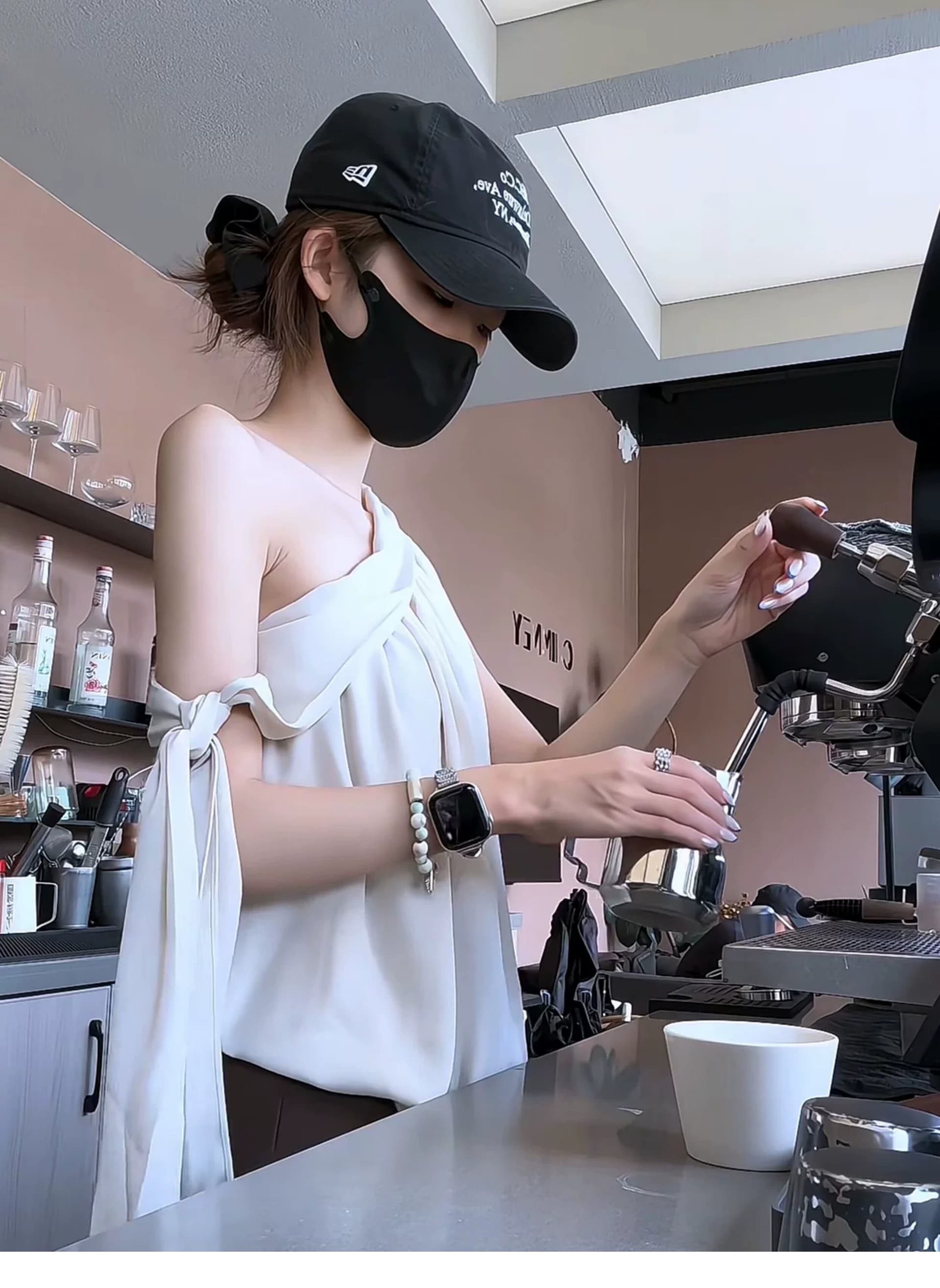 프랑스식 리본 비스듬한 어깨 민소매 여성 셔츠 여름 고급 센스 품격 루즈핏 슬림해 보이는 디자인 센스 작은 대중 쉬폰 톱 상세 이미지 4