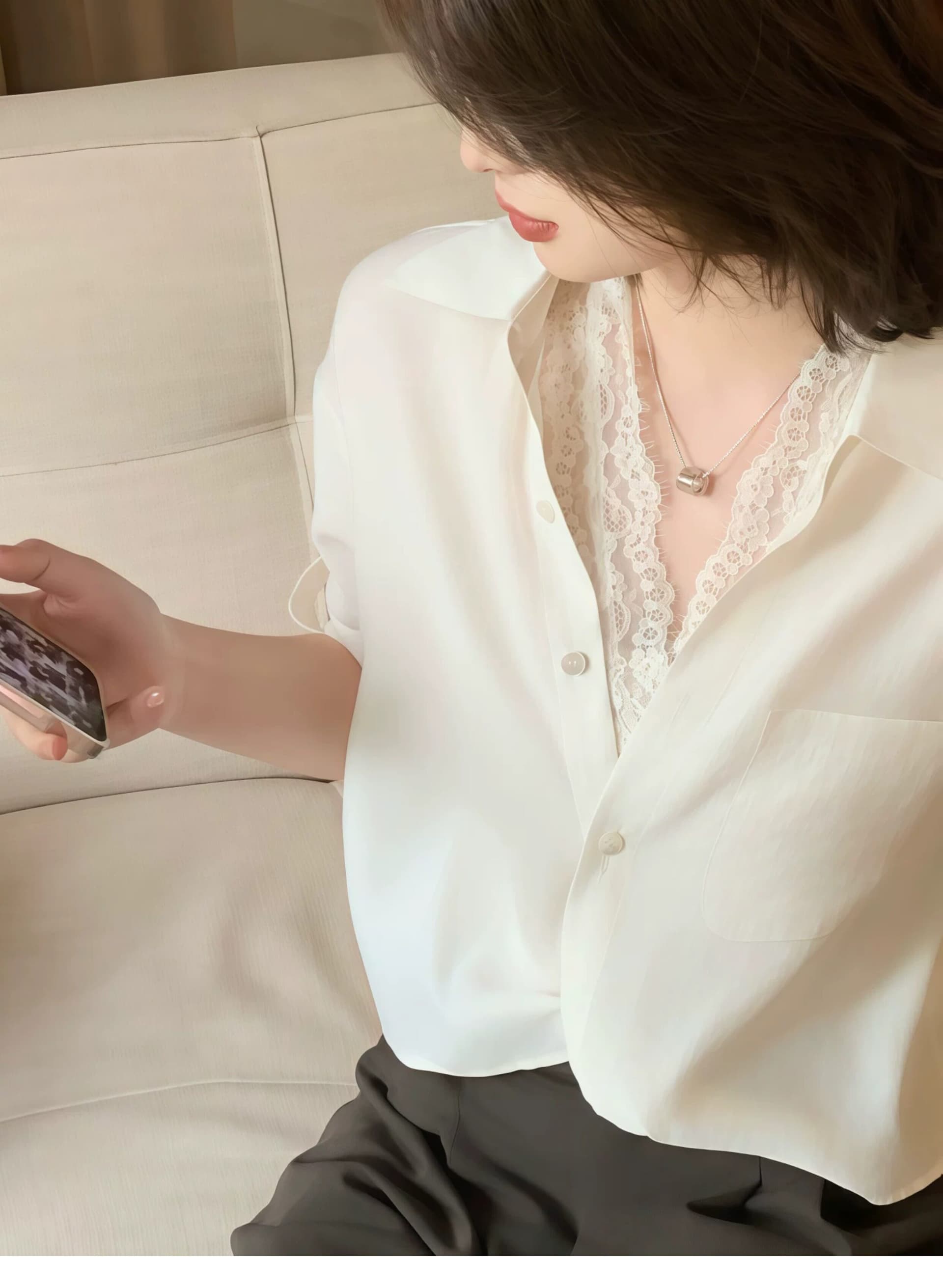 페이크 레이어드 레이스 조각 폴로 칼라 화이트 여성 셔츠 2026 새로운 여름 얇은 스타일 Chic 자외선 차단 긴팔 맨위 상세 이미지 3