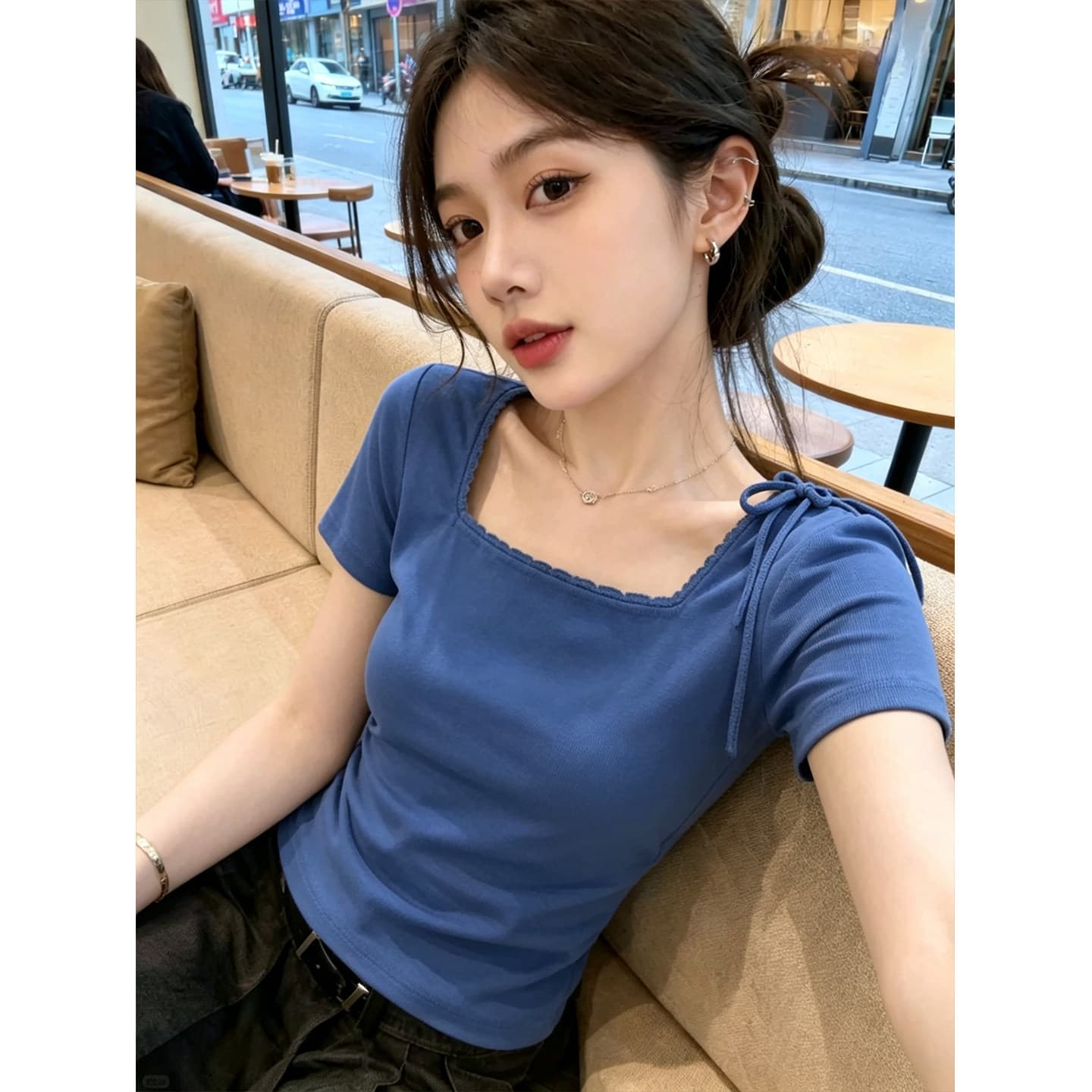 디자인 센스 아름다운 나비 매듭 동점 벨트 측면 칼라 반팔 티셔츠 여름 여성 의류 몸매 가꾸기 슬림해 보이는 다용도 파란색 맨위 이미지 3