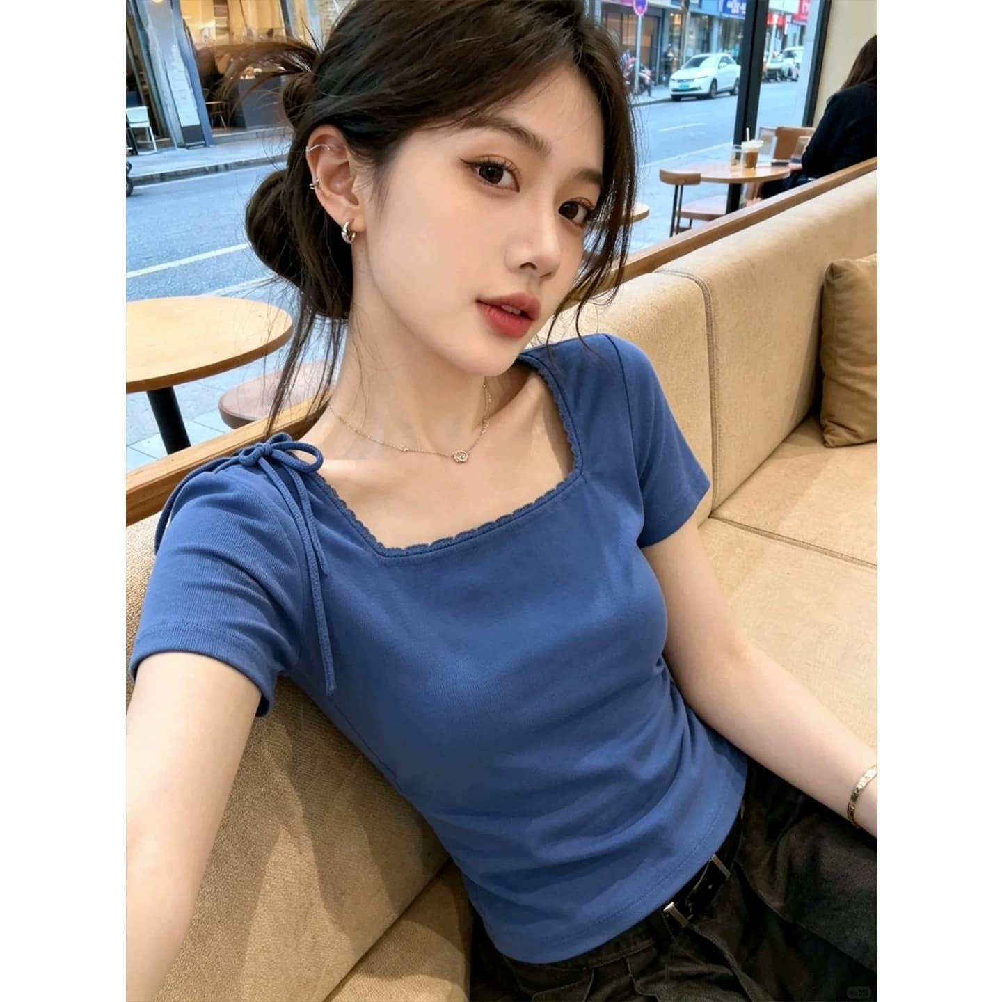 디자인 센스 아름다운 나비 매듭 동점 벨트 측면 칼라 반팔 티셔츠 여름 여성 의류 몸매 가꾸기 슬림해 보이는 다용도 파란색 맨위 상세 이미지 1
