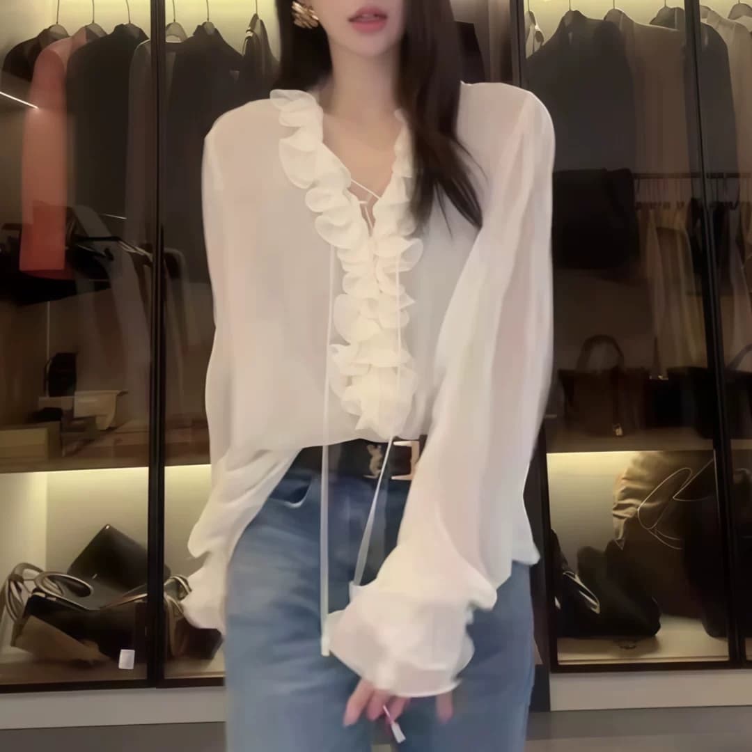 일상 출퇴근 긴팔 레이스 조각 쉬폰 블라우스 2026 여름 새로운 패션 디자인 센스 레이스업 V넥 맨위 이미지 4