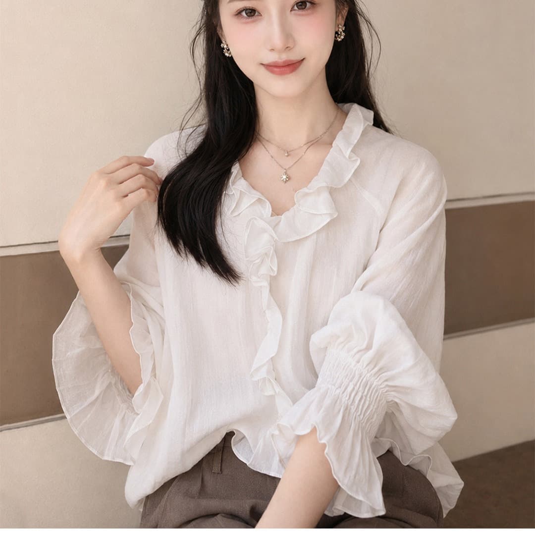 부드러운 바람 화이트 프릴 V넥 여성 셔츠 여름 26 새로운 프랑스식 거품 소매 품격 출퇴근 착용 잡아라. 의류 이미지 5