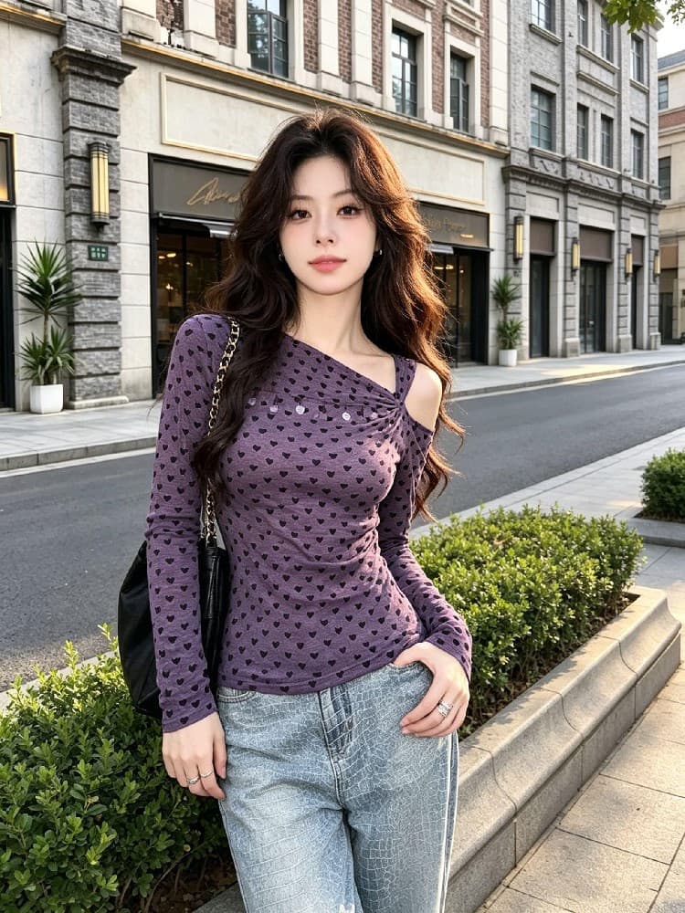 가을로 착용 가져 가라. 보라색 도트 무늬 비스듬한 어깨 의류 여성 이른 가을 한 부서 고급 센스 chic Chic 오프숄더 긴팔 티셔츠 상세 이미지 5