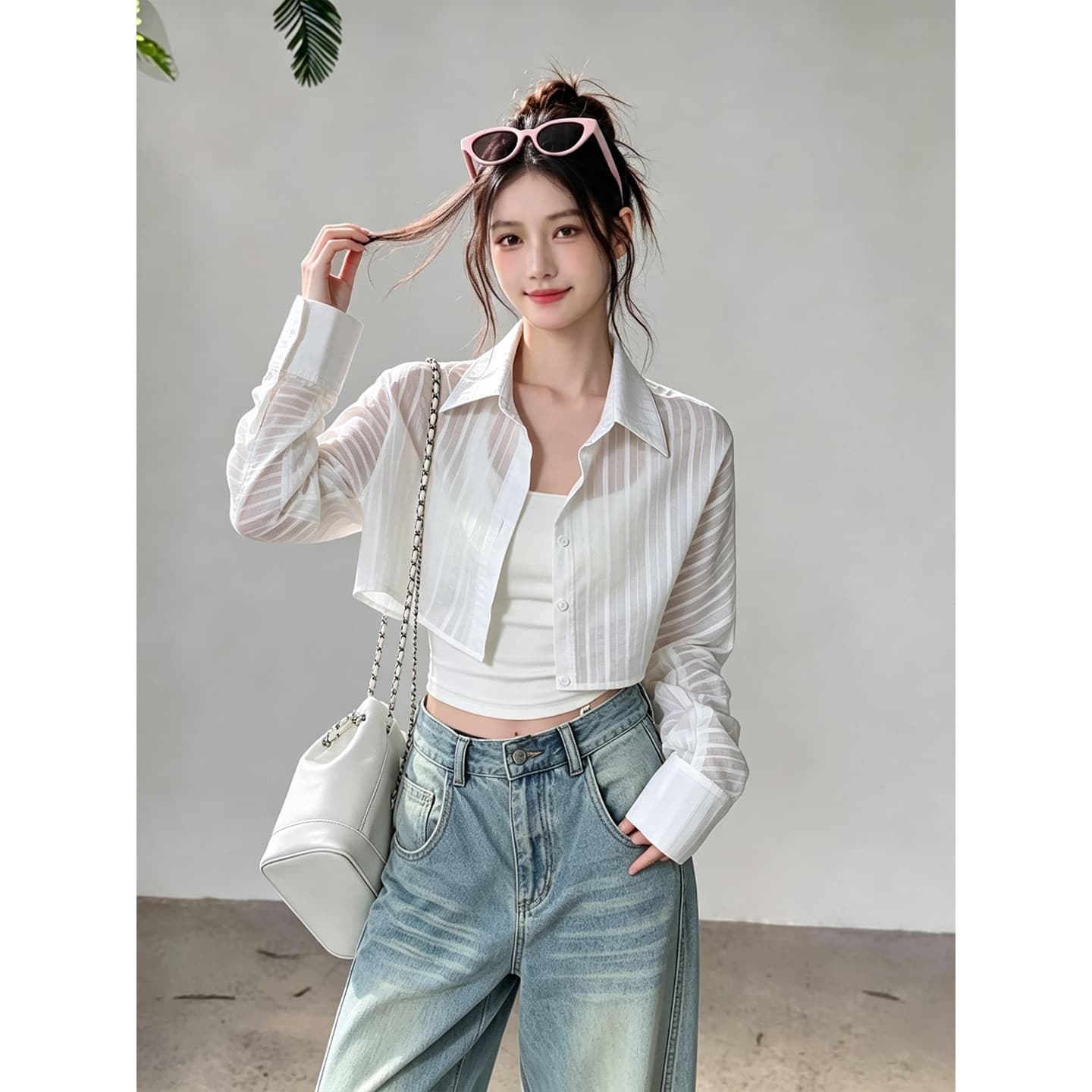 한 부서 스트라이프 화이트 셔츠 인사이드 가져 가라. 슬립 두 조각 여성 세트 이른 가을 얇은 스타일 긴팔 자외선 차단 오픈 가디건 쇼트 스타일 맨위