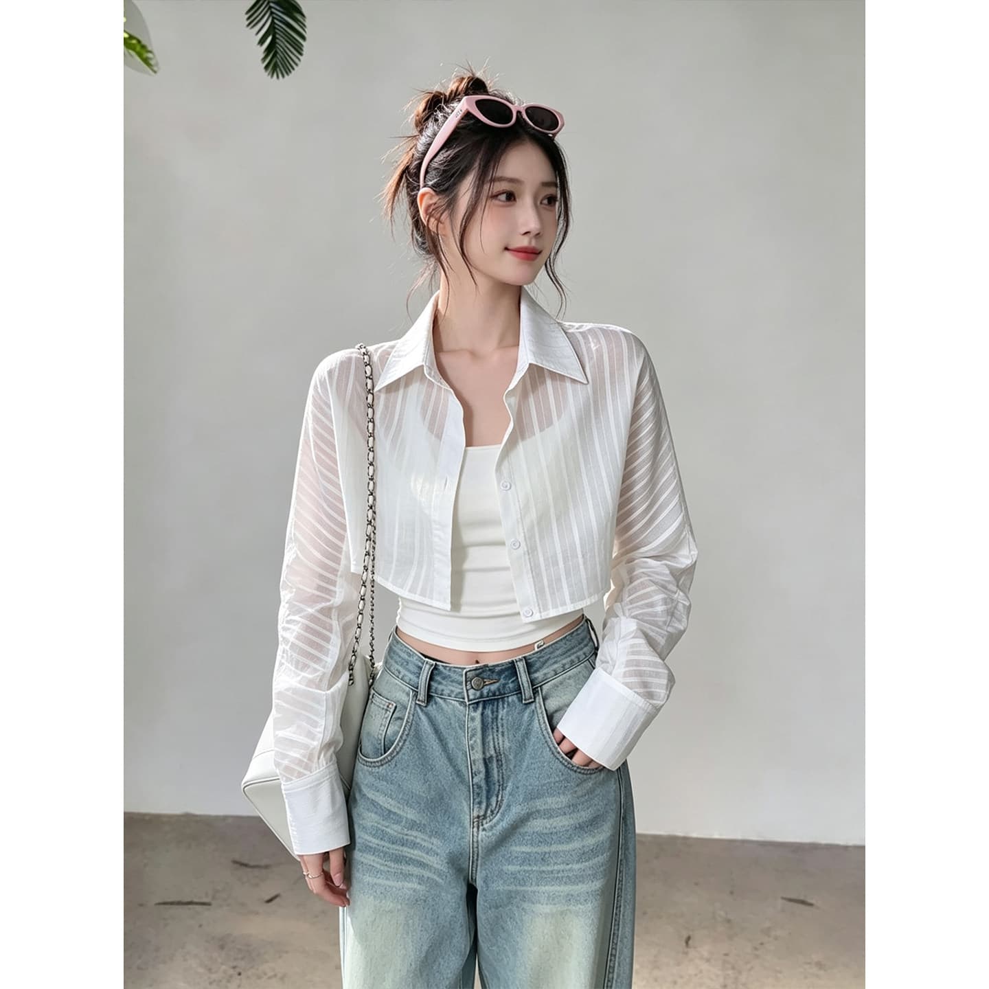 한 부서 스트라이프 화이트 셔츠 인사이드 가져 가라. 슬립 두 조각 여성 세트 이른 가을 얇은 스타일 긴팔 자외선 차단 오픈 가디건 쇼트 스타일 맨위 이미지 5