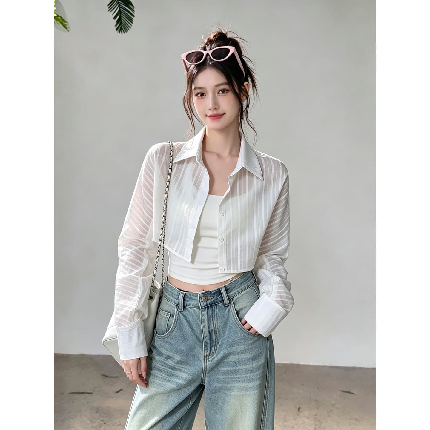 한 부서 스트라이프 화이트 셔츠 인사이드 가져 가라. 슬립 두 조각 여성 세트 이른 가을 얇은 스타일 긴팔 자외선 차단 오픈 가디건 쇼트 스타일 맨위 상세 이미지 5