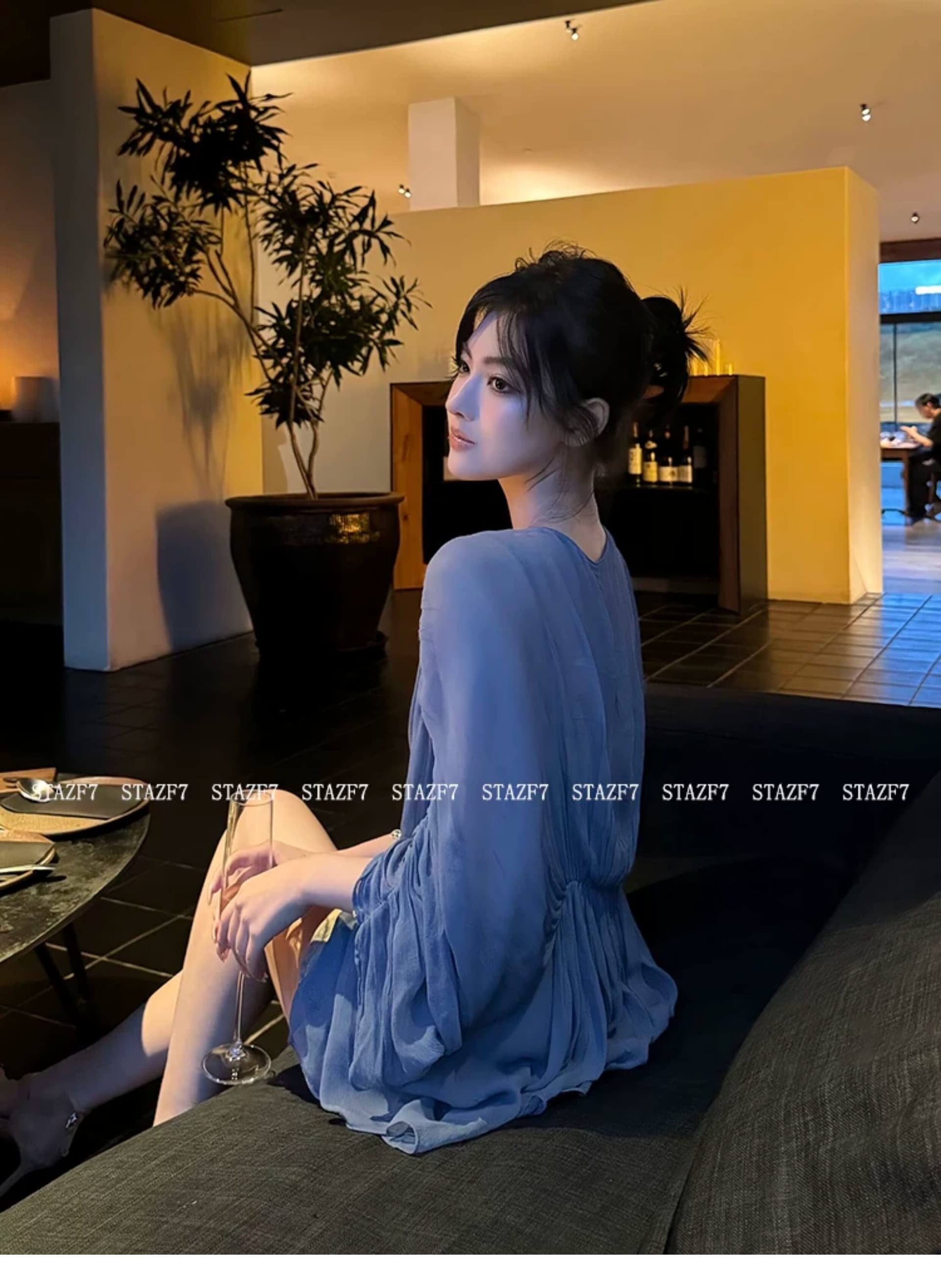 특히 아름다움 어린이 stazf7 프랑스식 레트로 V넥 파란색 주름 여성 셔츠 여름 부드러운 바람 슬림해 보이는 루즈핏 맨위 상세 이미지 3