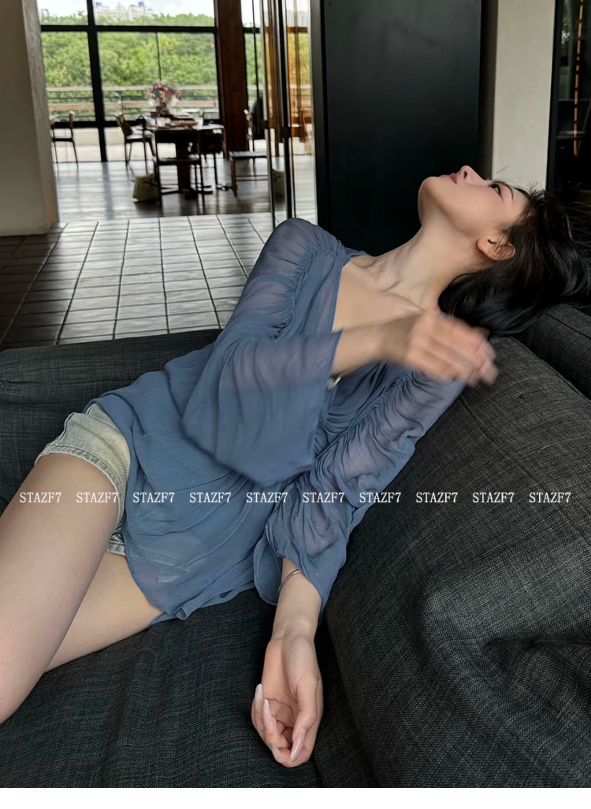 특히 아름다움 어린이 stazf7 프랑스식 레트로 V넥 파란색 주름 여성 셔츠 여름 부드러운 바람 슬림해 보이는 루즈핏 맨위 상세 이미지 4